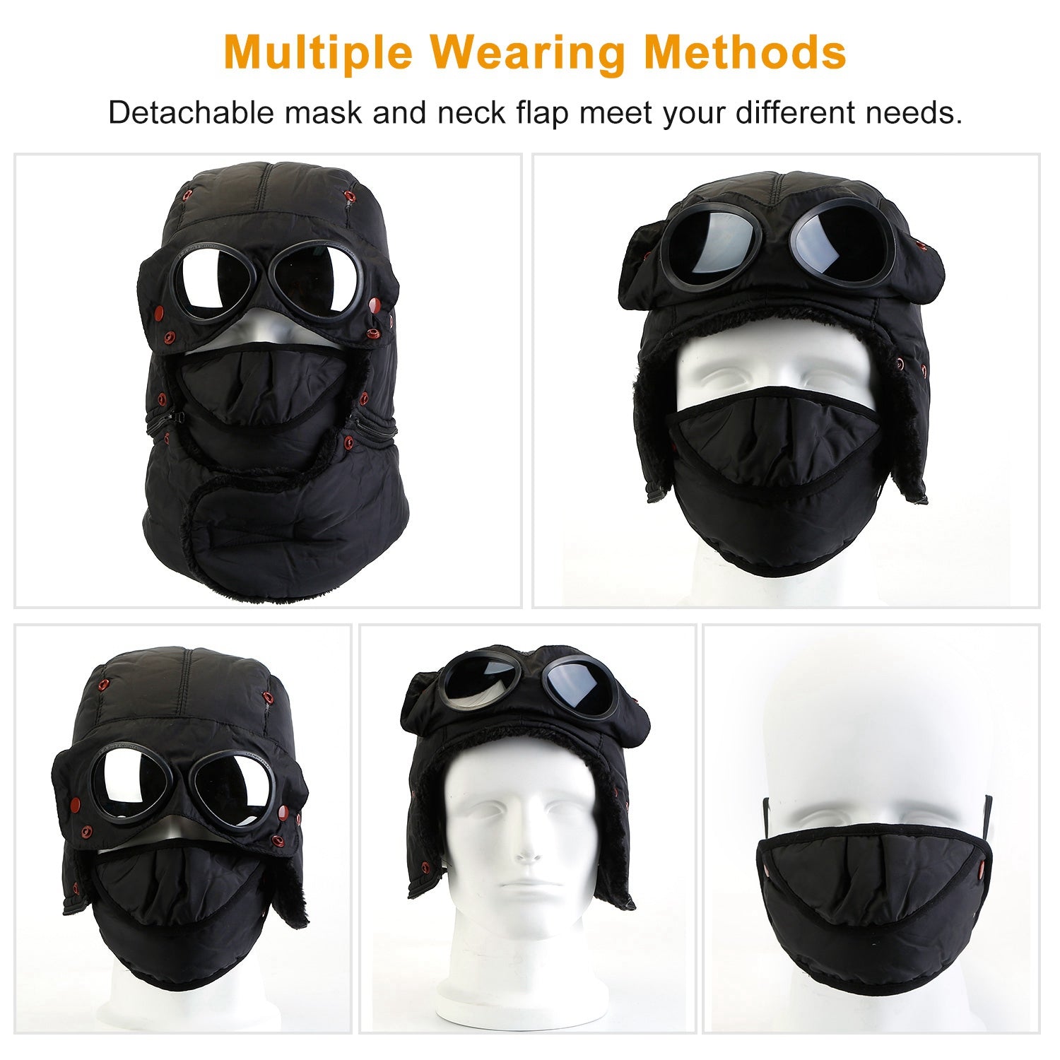 Unisex Thermal Winter Goggles Hat Warmth Trapper Trooper Cap Windproof Dustproof Breathable Hat w/ Neck Flap Detachable Face Mask For Skiing Cycling R