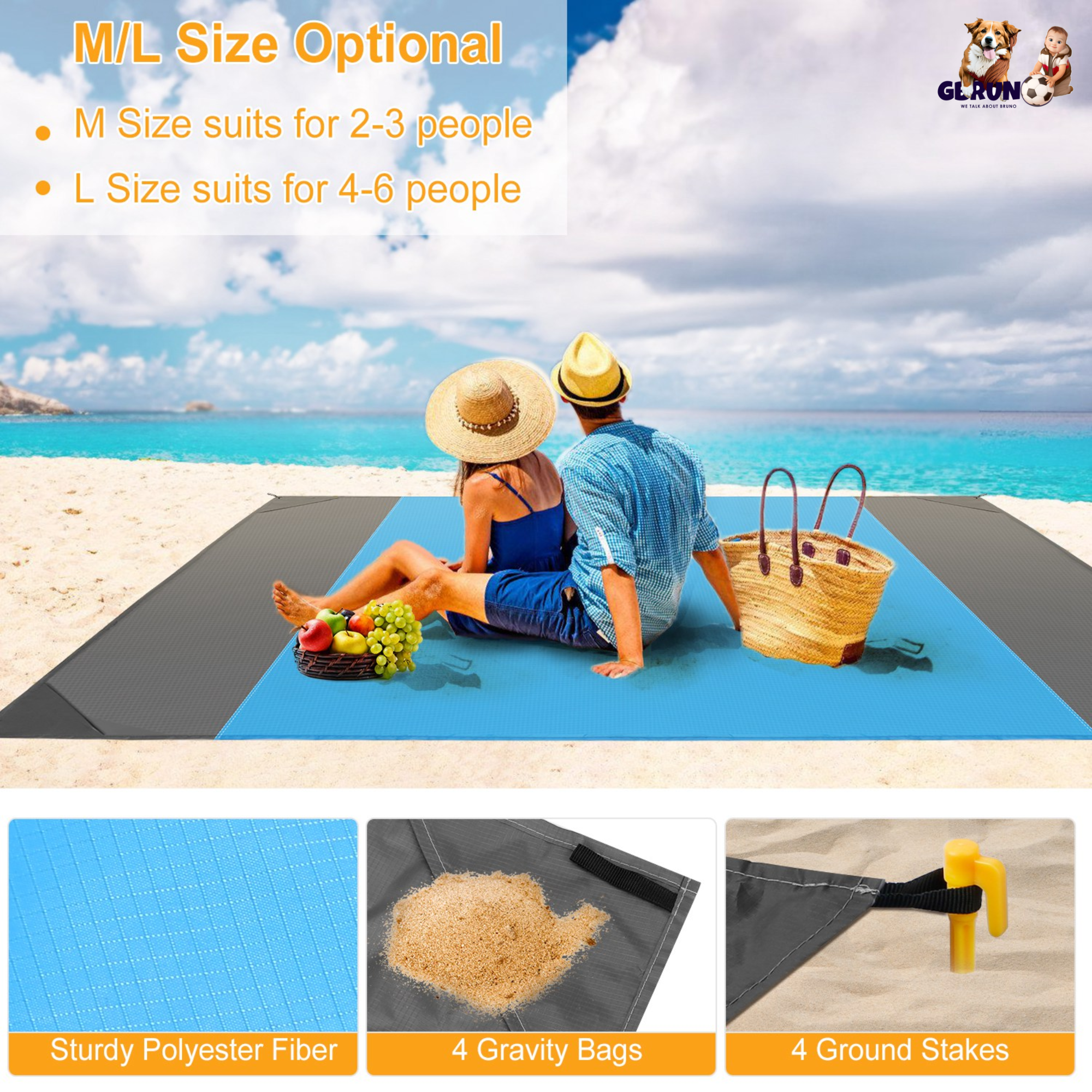 108x96.46in Sand Proof Picnic Blanket Water Resistant Foldable Camping Beach Mat w/ 4 Anchors 1 Carry Bag For 4-6 People