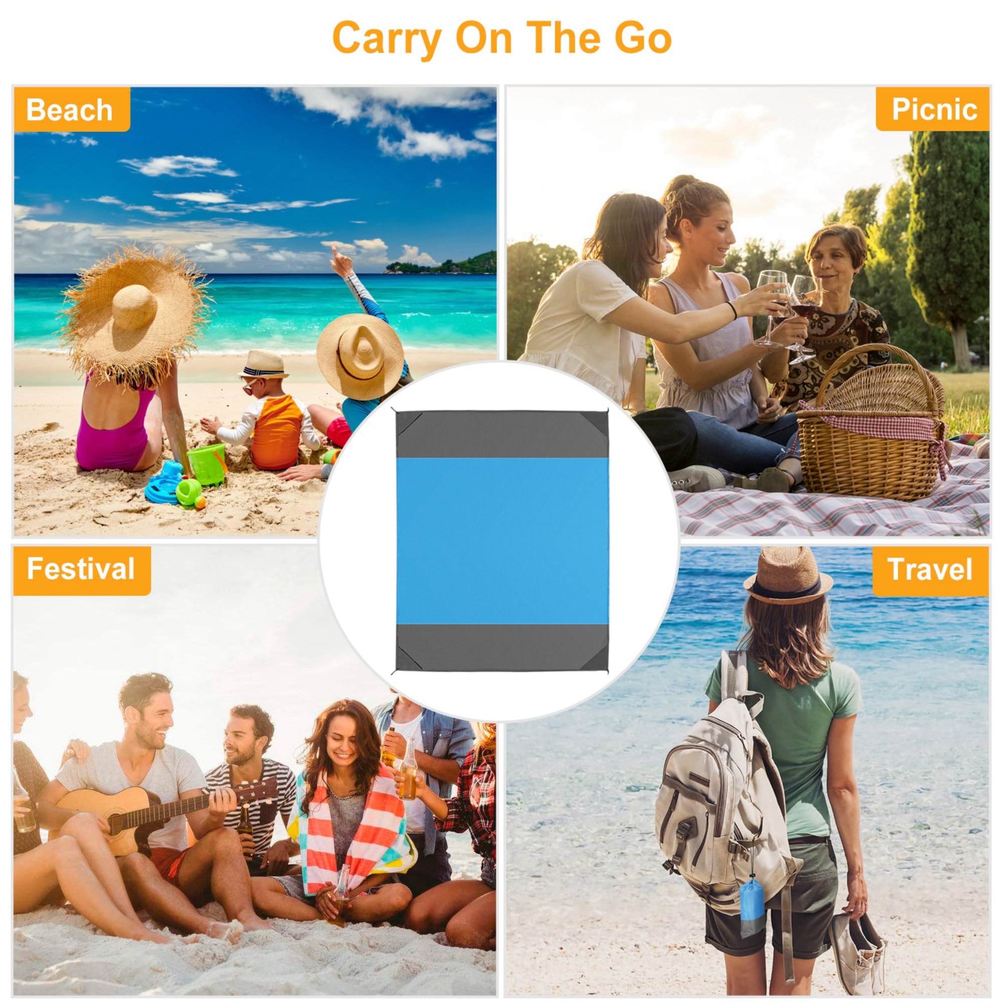 108x96.46in Sand Proof Picnic Blanket Water Resistant Foldable Camping Beach Mat w/ 4 Anchors 1 Carry Bag For 4-6 People