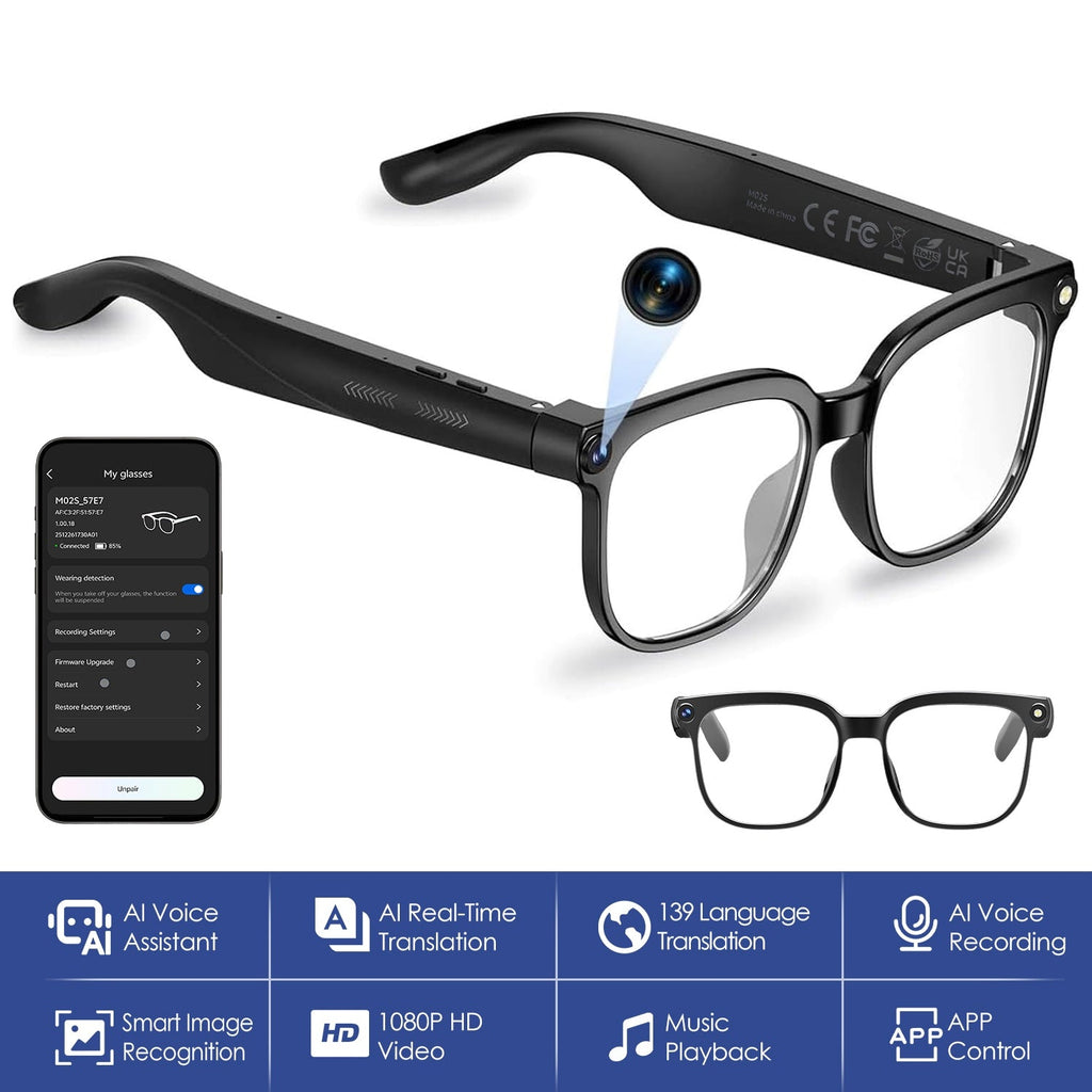 AI Smart Glasses Video Recording Sunglasses with Camera and Audio 8MP HD1080P Real Time Translation 139 Languages Voice Assistant AI Photo Recognition