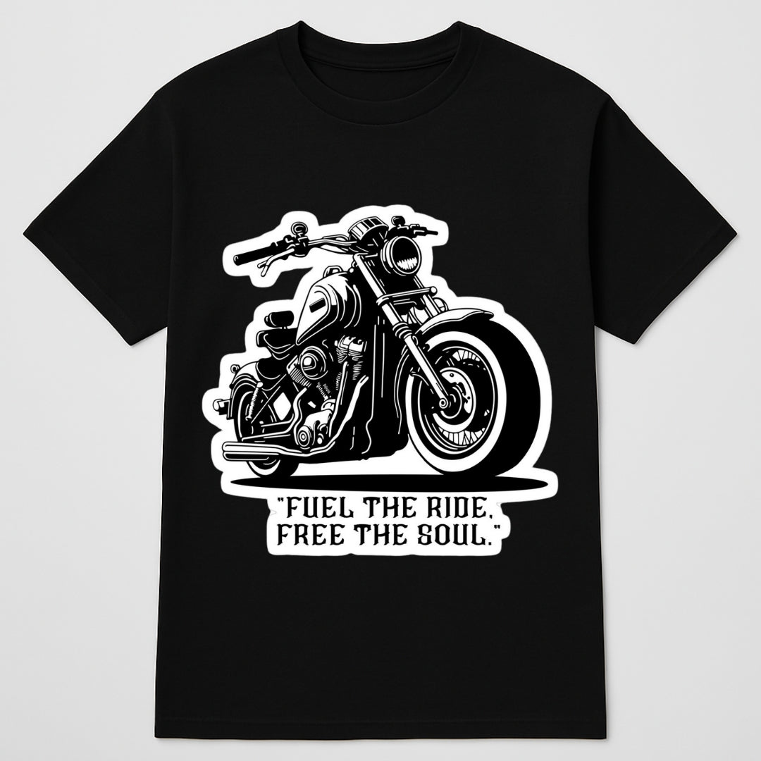 Black t-shirt with a white motorcycle graphic and text on a light gray background