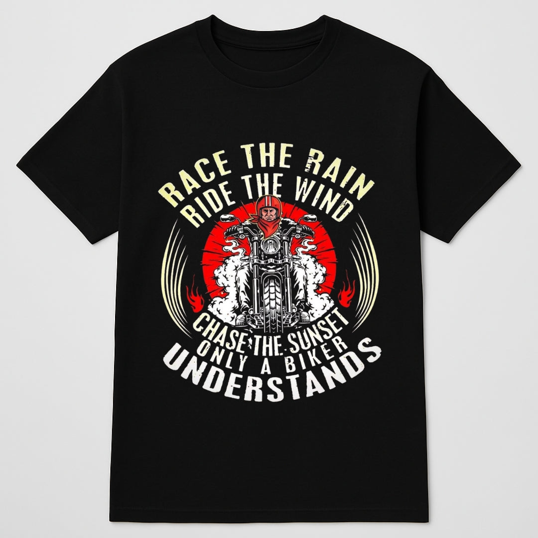 Black t-shirt with motorcycle graphic and text on a white background