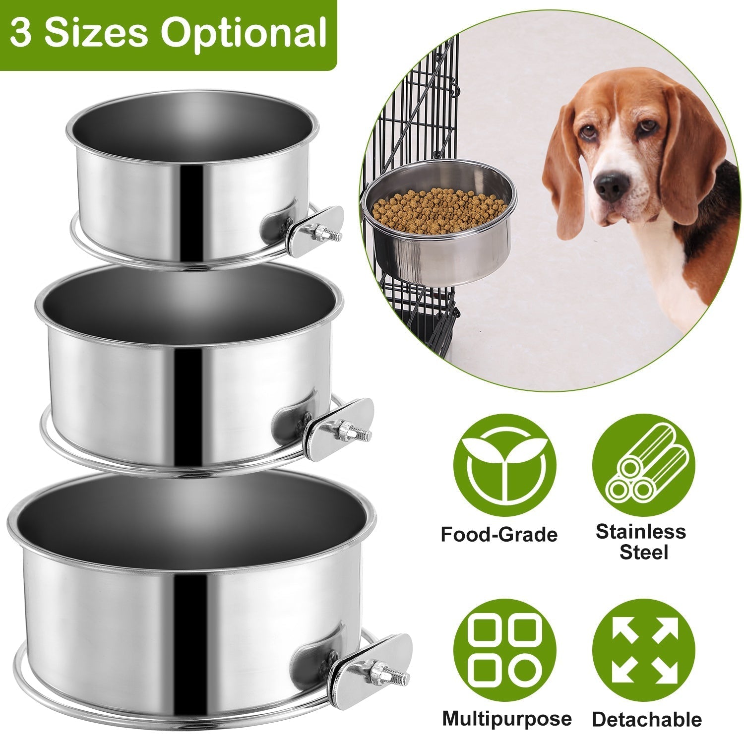 Stainless Steel Dog Bowl, Hanging Pet Food & Water Bowl with Clamp Holder, Detachable Cage Feeding Bowl
