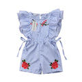 Summer Toddler Baby Girl Romper/ jumpsuit Short Petal Sleeve Elastic Waist Floral Print Striped Blue Lace Dress