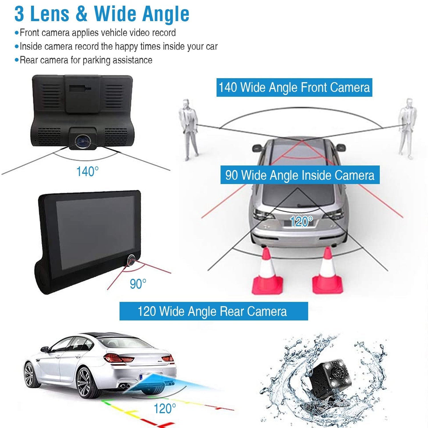 1296P Car DVR Dash Camera 4In 3 Lens Vehicle Driving Recorder Seamless Recording