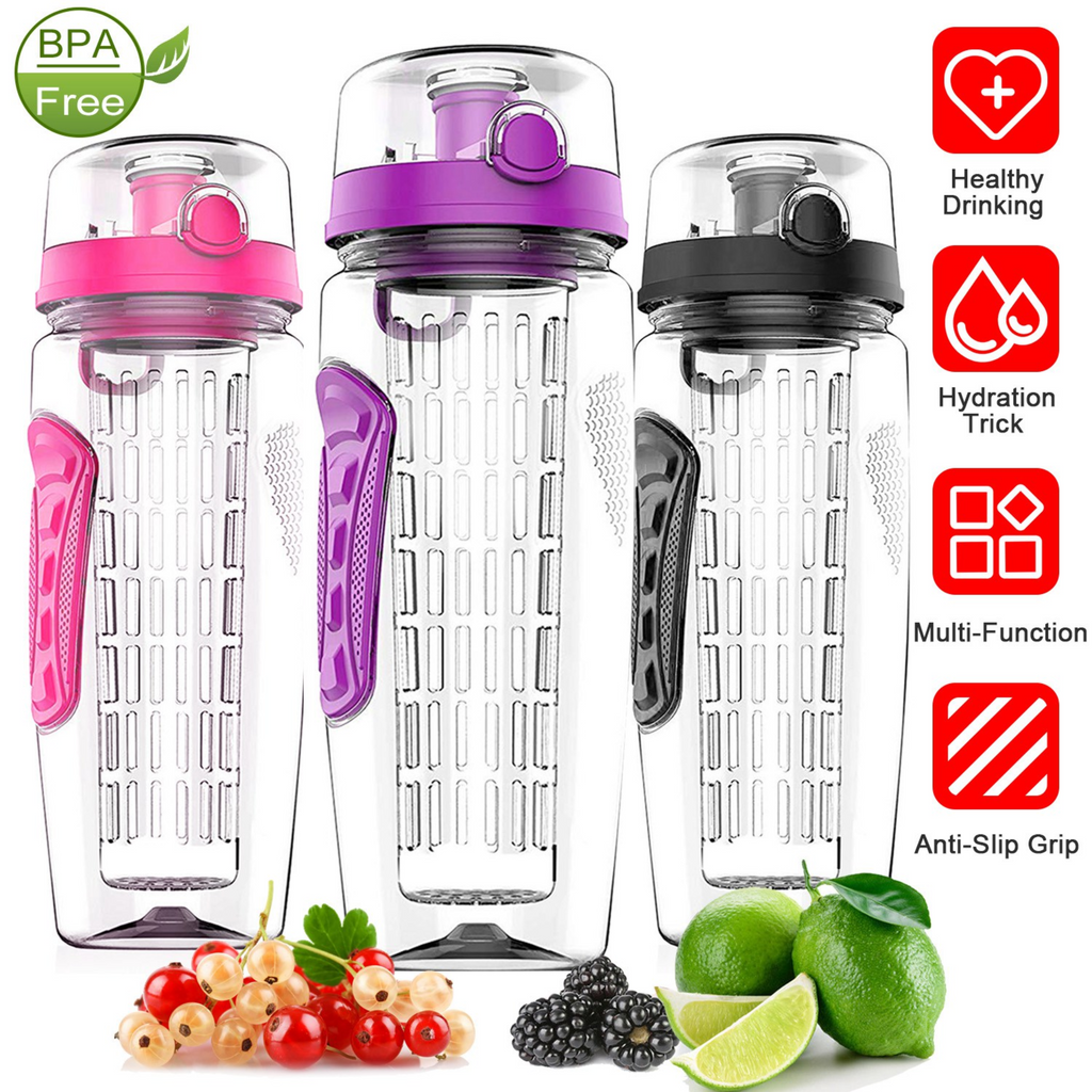 Fruit Infuser Water Bottle 32OZ Juice Shaker Sport w/ Flip Top Lid Anti-Slip Grips For Office Home Sport Running Walking Hiking
