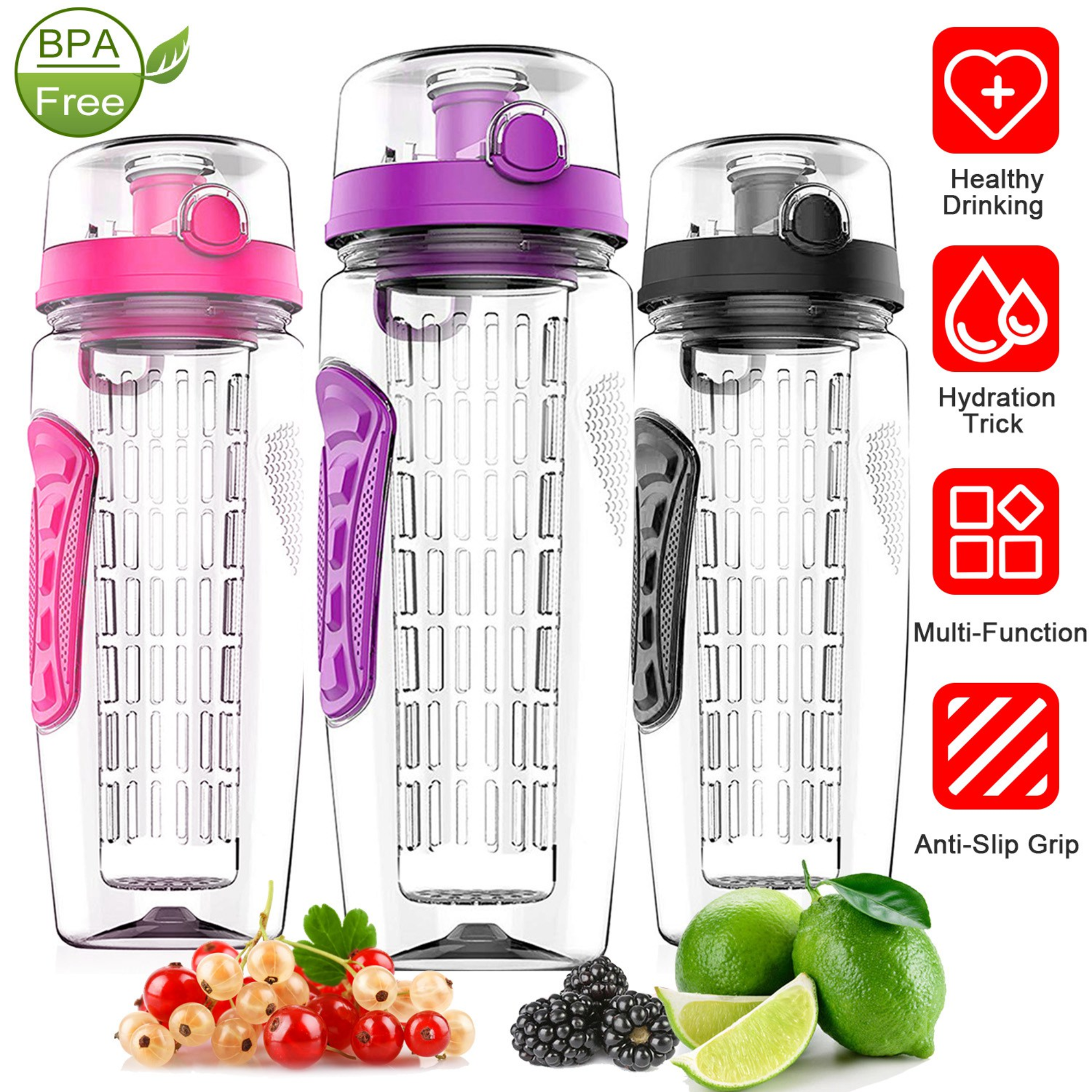 Fruit Infuser Water Bottle 32OZ Juice Shaker Sport w/ Flip Top Lid Anti-Slip Grips For Office Home Sport Running Walking Hiking