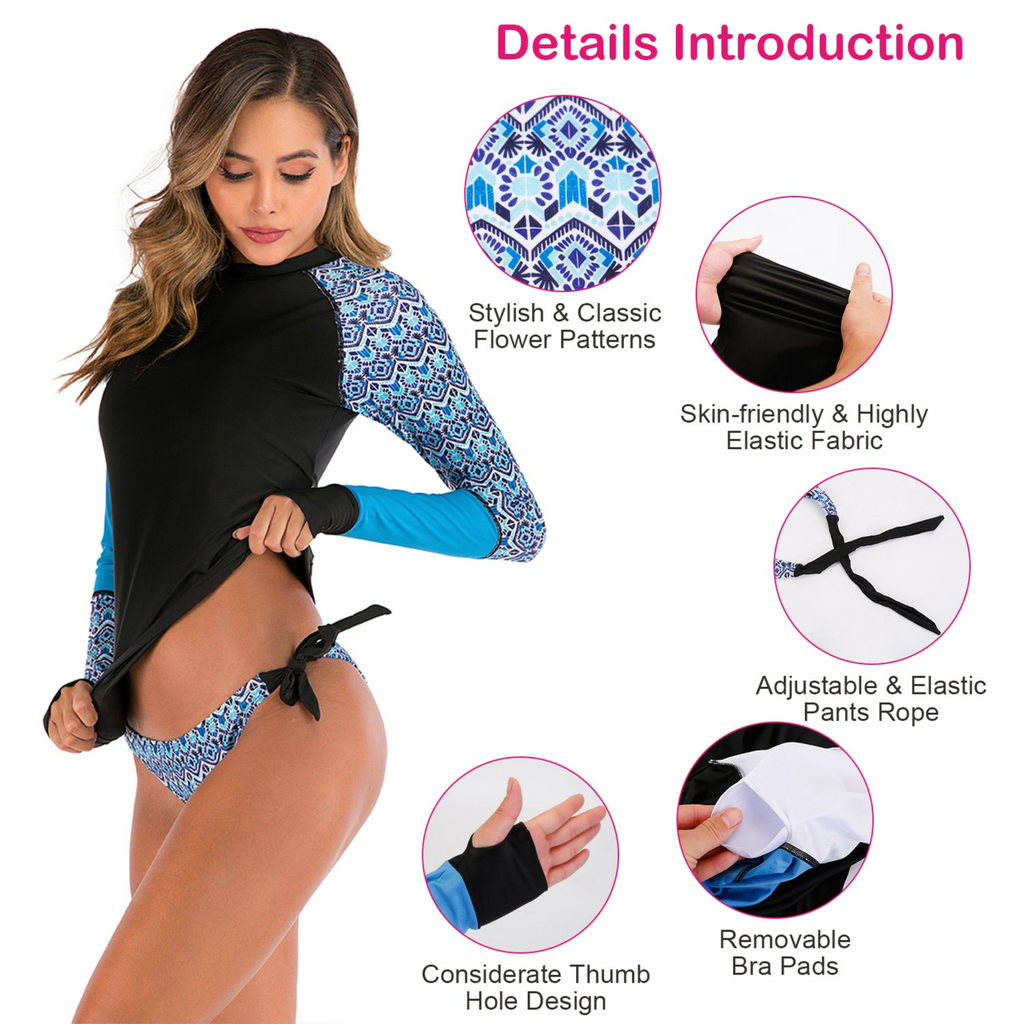 Women 2 Piece Long Sleeve Swimsuit Swim Shirt Bathing Wetsuit Printed Surfing Swimwear Top