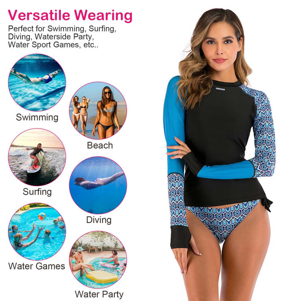 Women 2 Piece Long Sleeve Swimsuit Swim Shirt Bathing Wetsuit Printed Surfing Swimwear Top
