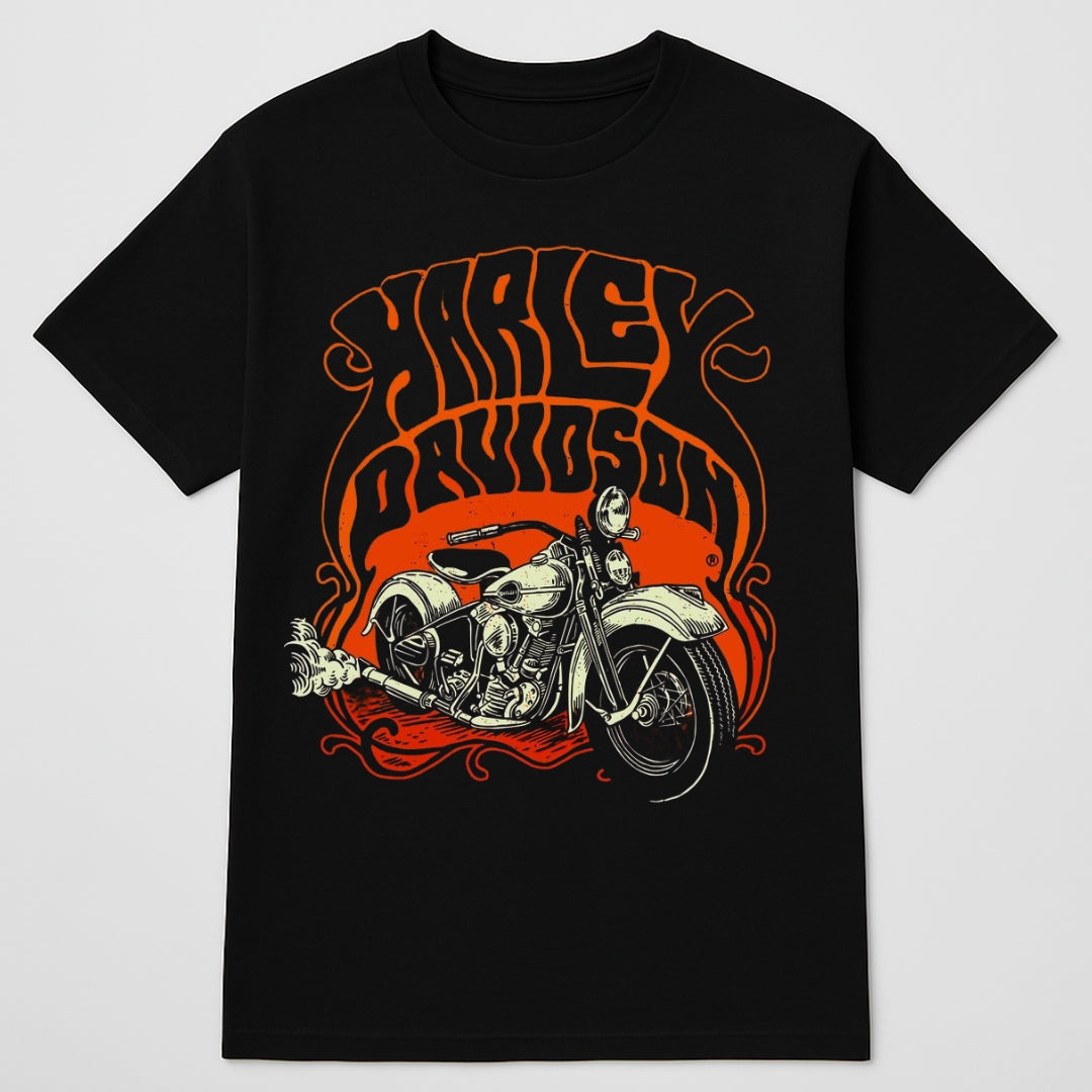Black t-shirt with Harley Davidson graphic design on a white background