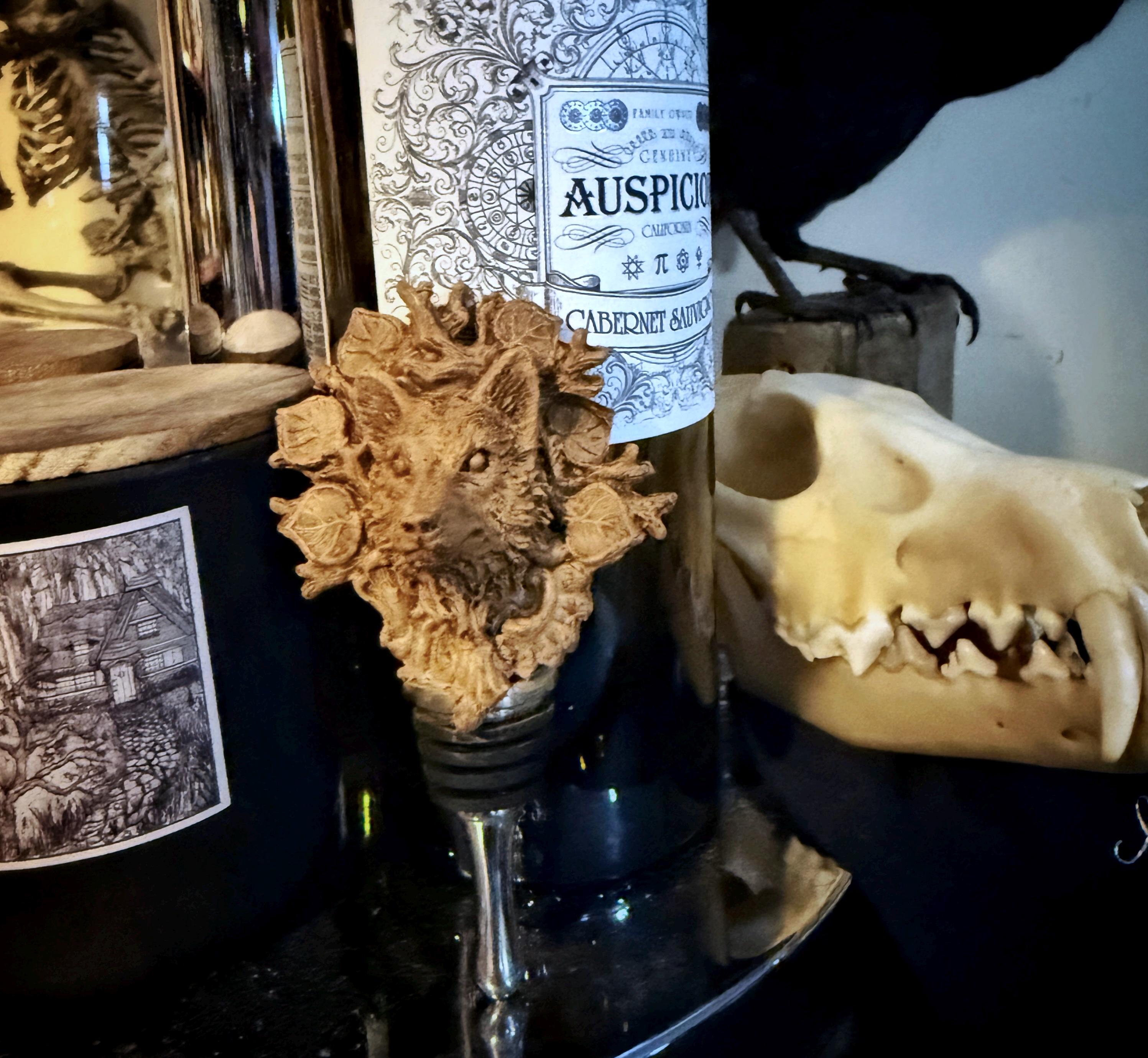 Black Forest Wolf Winestopper, Hand Sculpted Resin, Mythic Fantasy Art Barware | Gothic Wolf Bottle Stopper | Fantasy Wine and Barware Gift