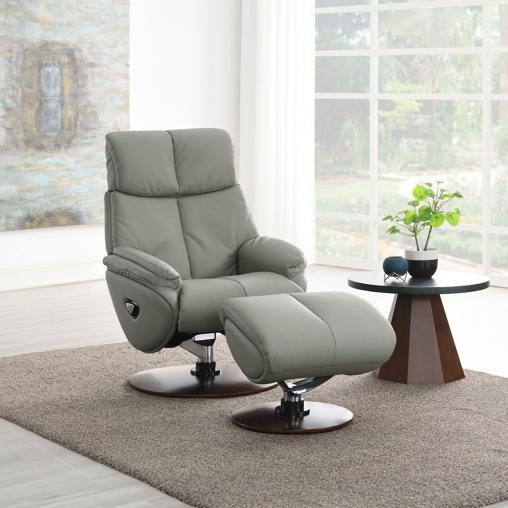 Kandoro - Motion Accent Chair With Swivel & Ottoman - Gray Leather & Brown Base