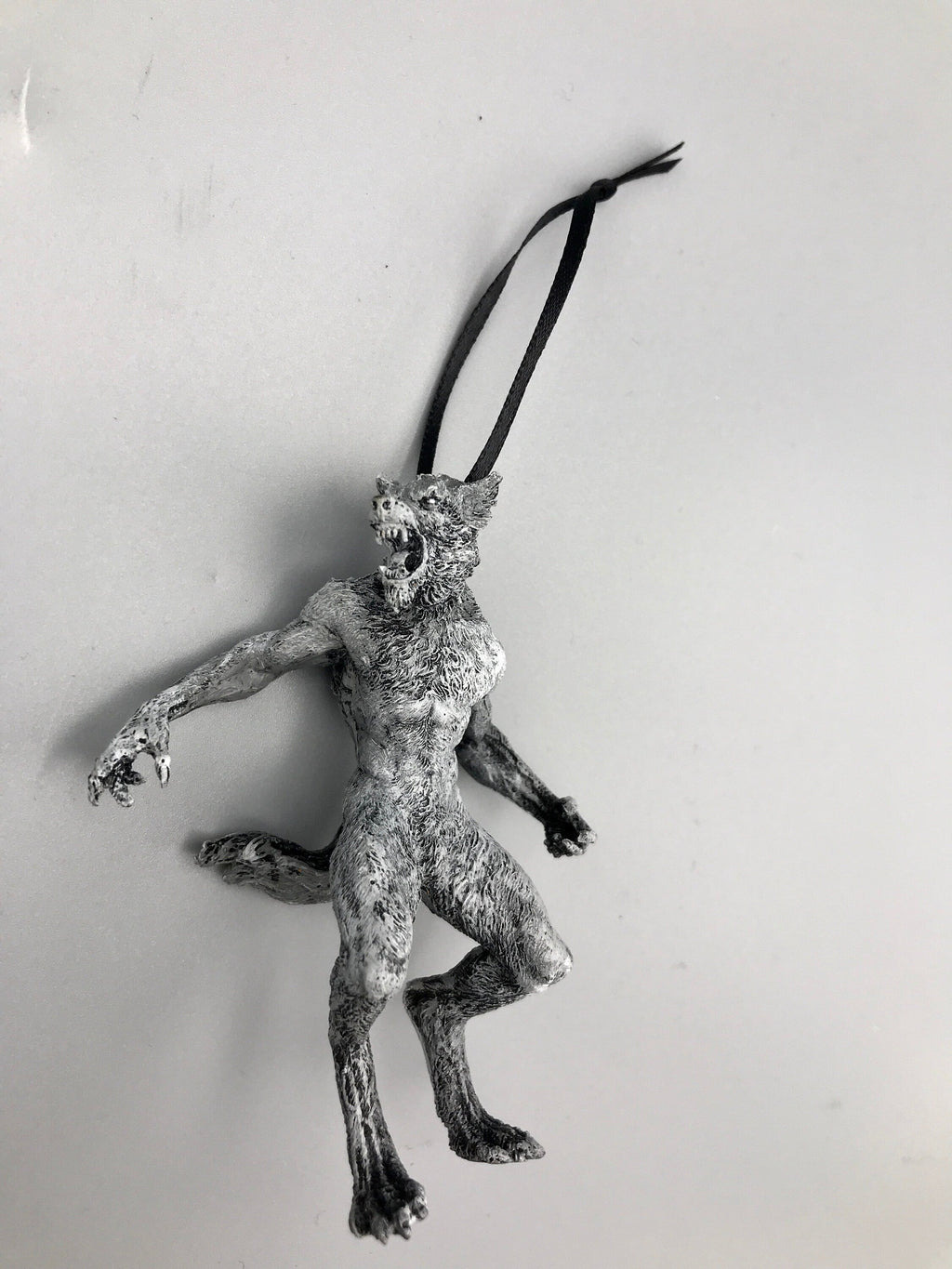 Werewolf Ornament, Grayscale, Hand Painted Resin Sculpture | Gothic Halloween Legendary Monster | Dark Folklore for Spooky Holiday Ornament