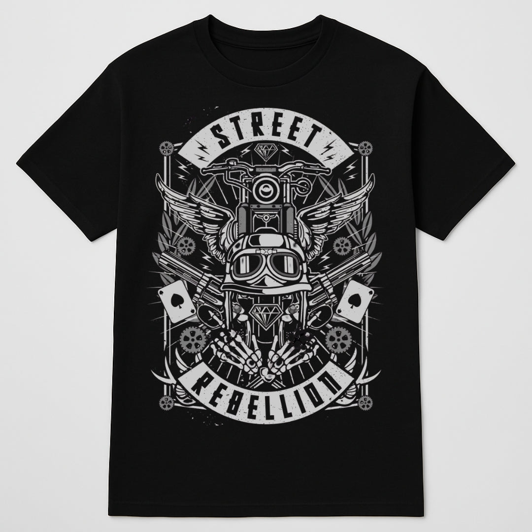 Black t-shirt with white graphic design on a light gray background