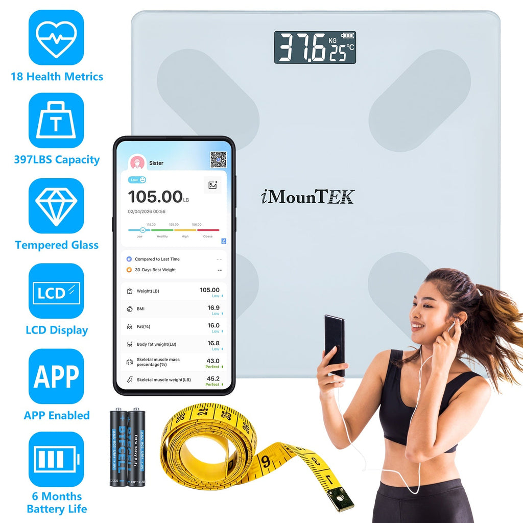 Smart Digital Scale For Body Weight High Accuracy BMI Weight Scale Full Body Composition Analysis Sync with APP 4mm Tempered Glass 397LBS Capacity LCD