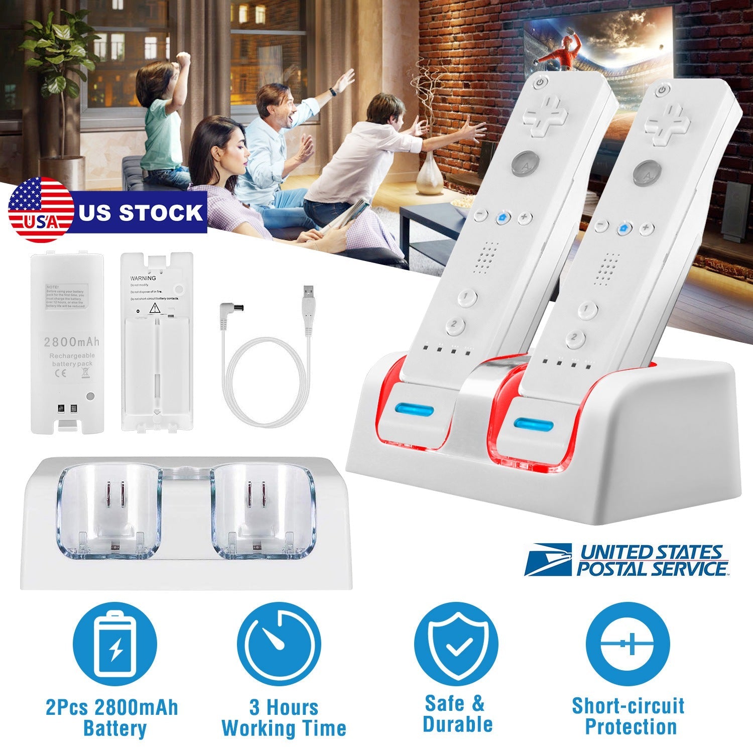 For Wii Remote Controller Charger Dual Charge Dock with Two 2800mAh Rechargeable Batteries