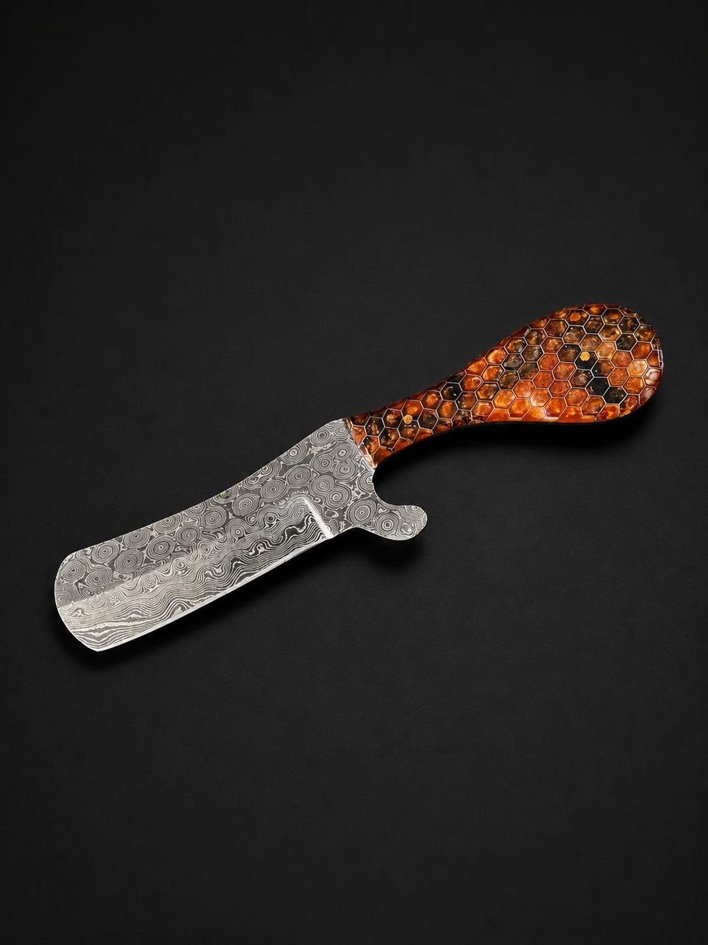 Titan Fossil "Amber Hive" Damascus Bull Cowboy Cutter | Honeycomb Resin Handle | Hand-Tooled Leather Sheath TK-513