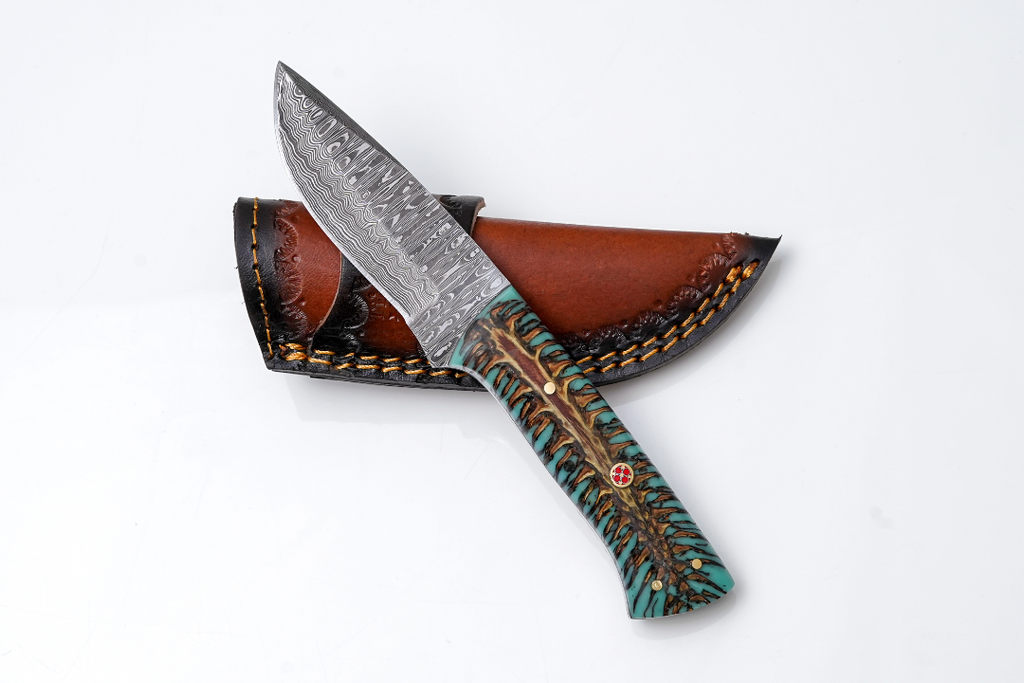 Hand-Forged Damascus Steel Skinner Knife — Stabilized Pine Cone & Teal Resin Handle with Mosaic Pin TK-445