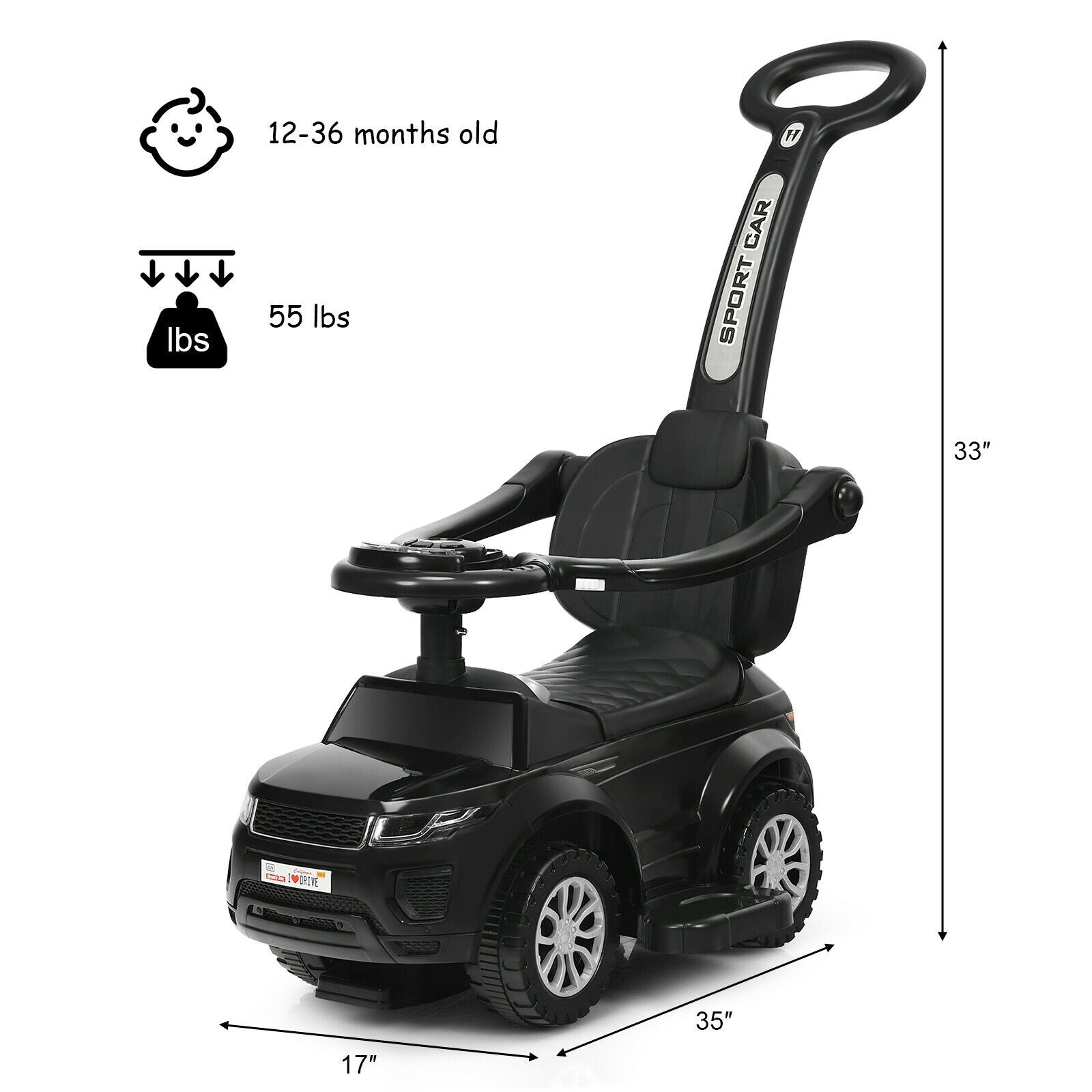 3 in 1 Ride on Push Car Toddler Stroller Sliding Car with Music-Black