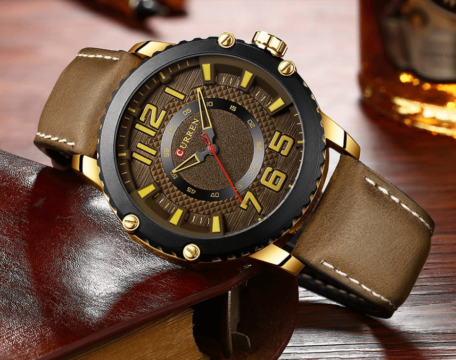 Men's Waterproof  Sport Watch With Leather  Belts  And Large Numbers Details Unique Design Perfect Gift