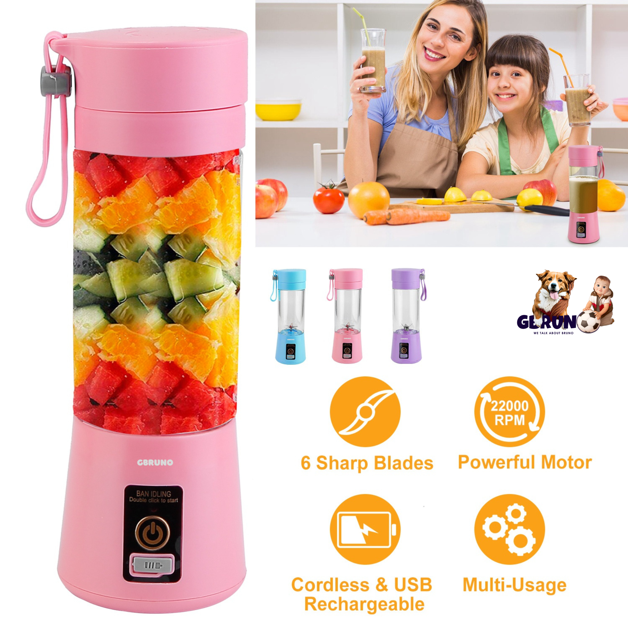 Portable Juicer Blender USB Rechargeable Juicer Cup Fruit Baby Food Mixing Machine w/ 6 Blades Powerful Motor