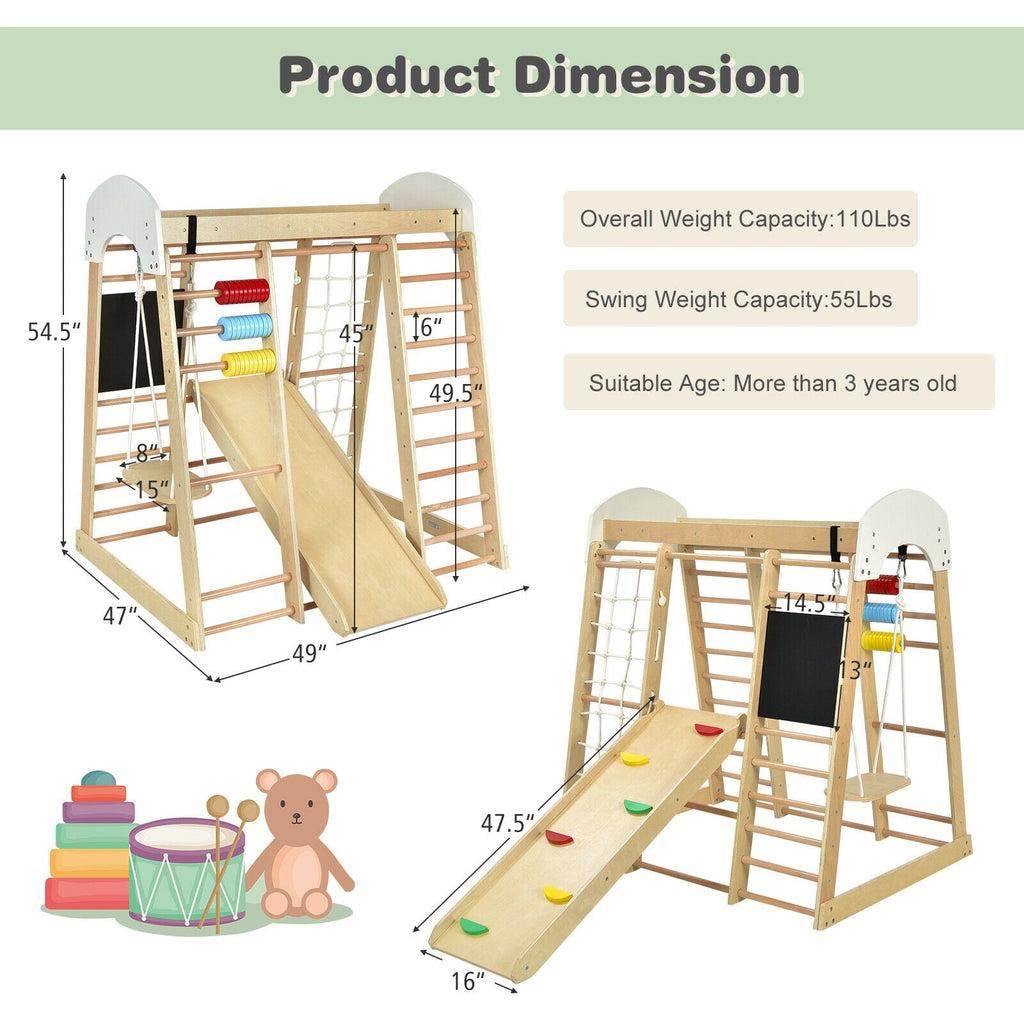 Indoor Playground Climbing Gym Wooden 8-in-1 Climber Playset for Children-Natural