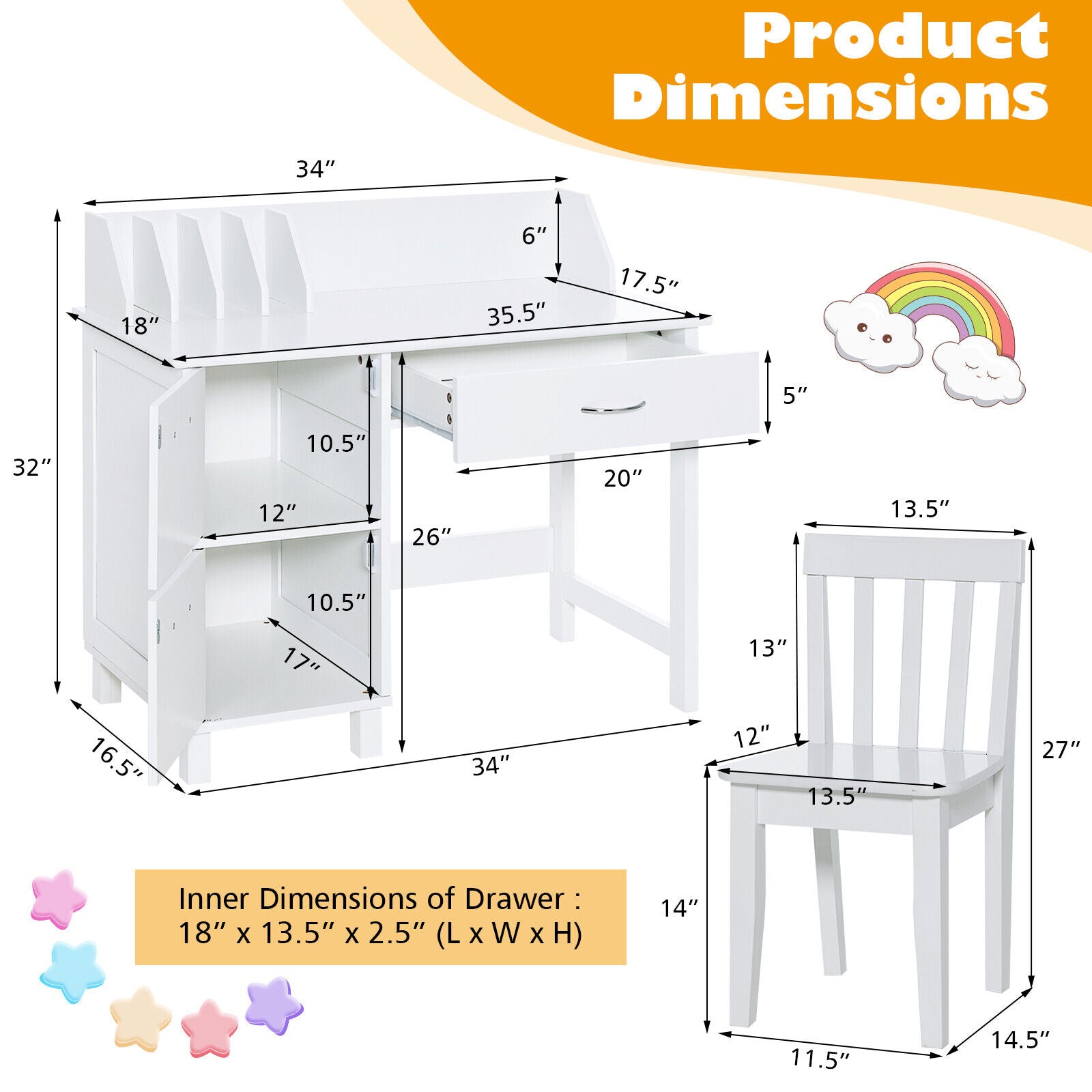 Kids Wooden Writing Furniture Set with Drawer and Storage Cabinet-White