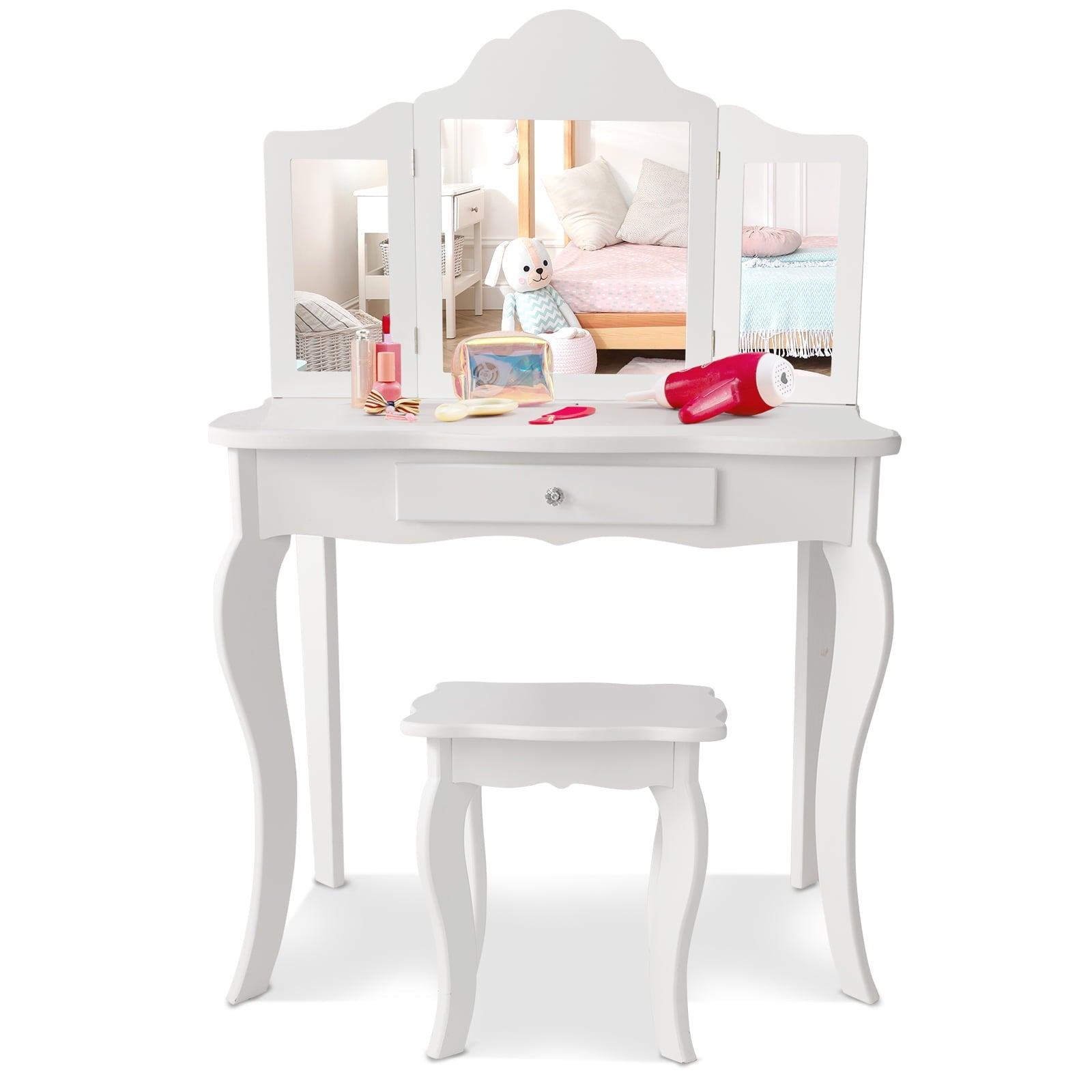 Kids Makeup Dressing Mirror Vanity Table Stool Set