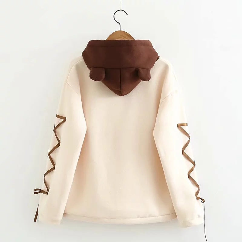 Woman Bear Cap Hoodies Sweatshirt Top Women Long Sleeve Ribbon Hair Ball Cute Sweatshirt Hooded Jumper Pullover Hoodie Hooded Sweatshirt