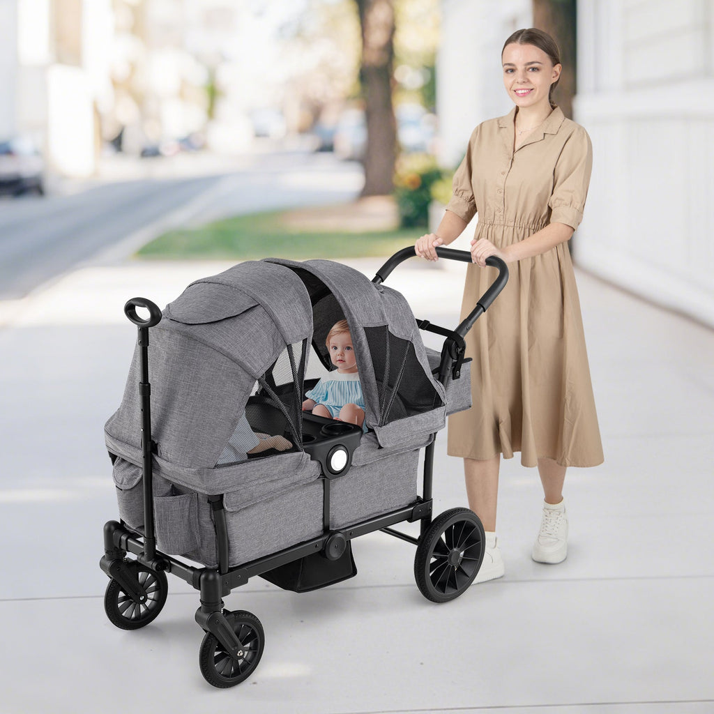 2 Seater Push Pull Collapsible Kids Wagon Stroller with Adjustable Handlebars-Gray