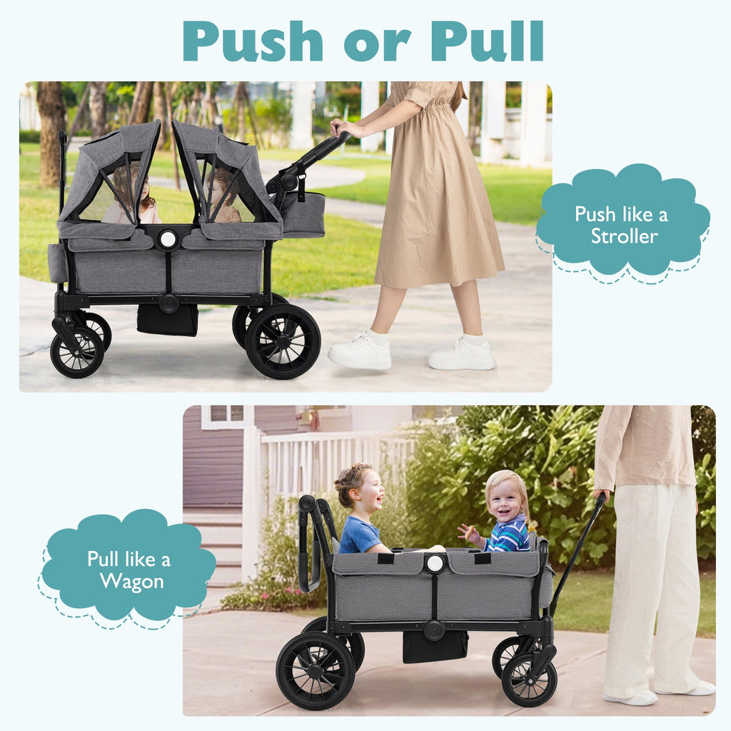 2 Seater Push Pull Collapsible Kids Wagon Stroller with Adjustable Handlebars-Gray