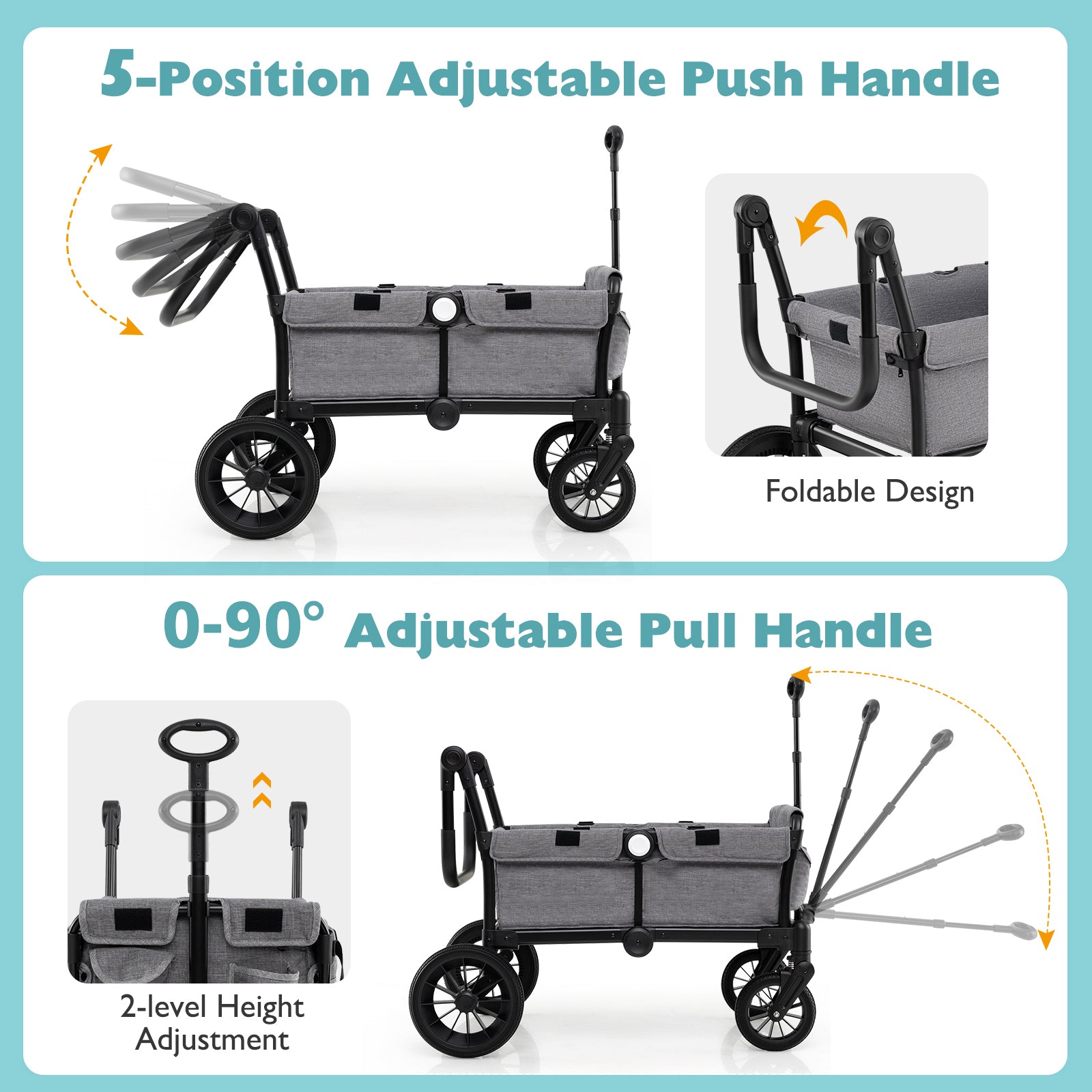 2 Seater Push Pull Collapsible Kids Wagon Stroller with Adjustable Handlebars-Gray