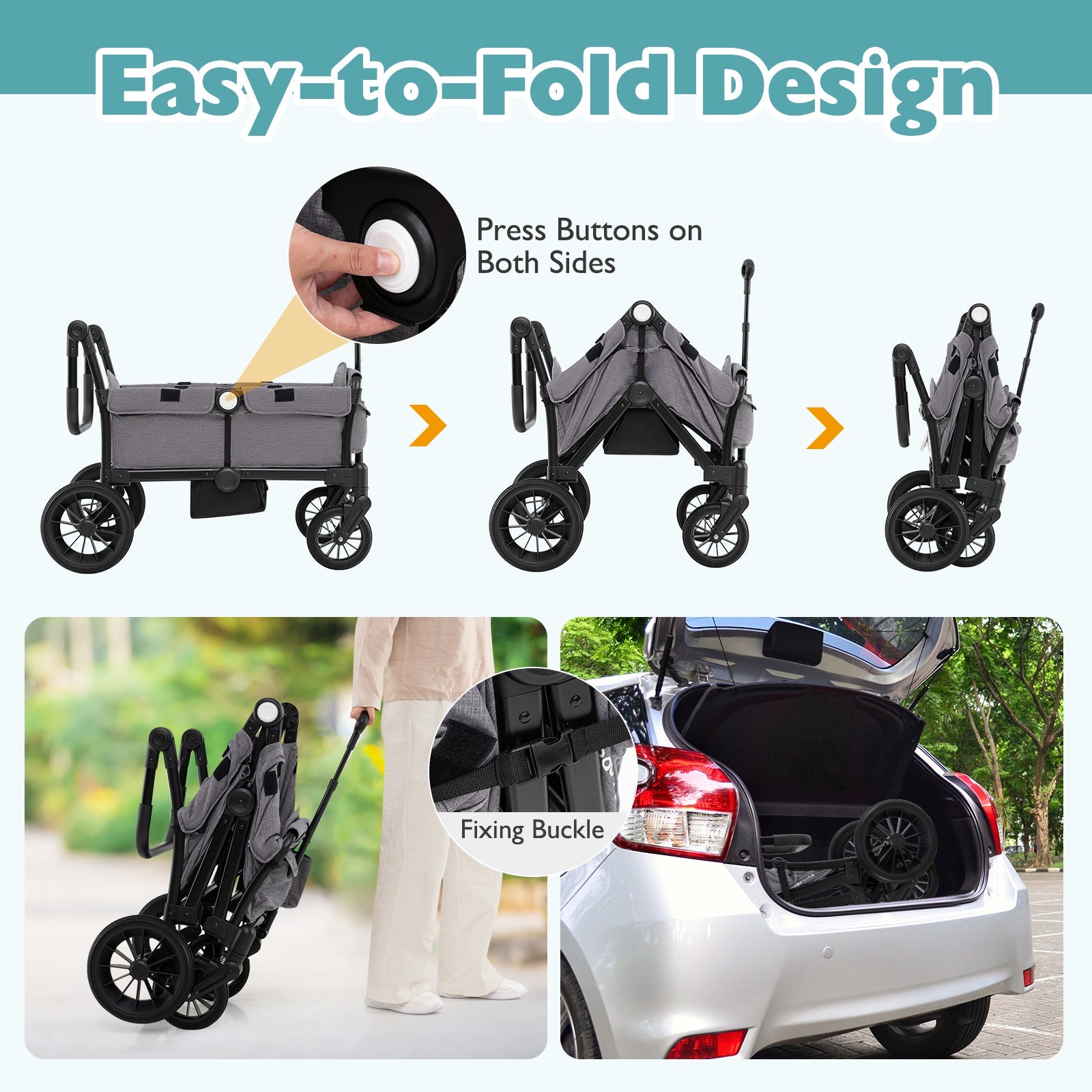 2 Seater Push Pull Collapsible Kids Wagon Stroller with Adjustable Handlebars-Gray