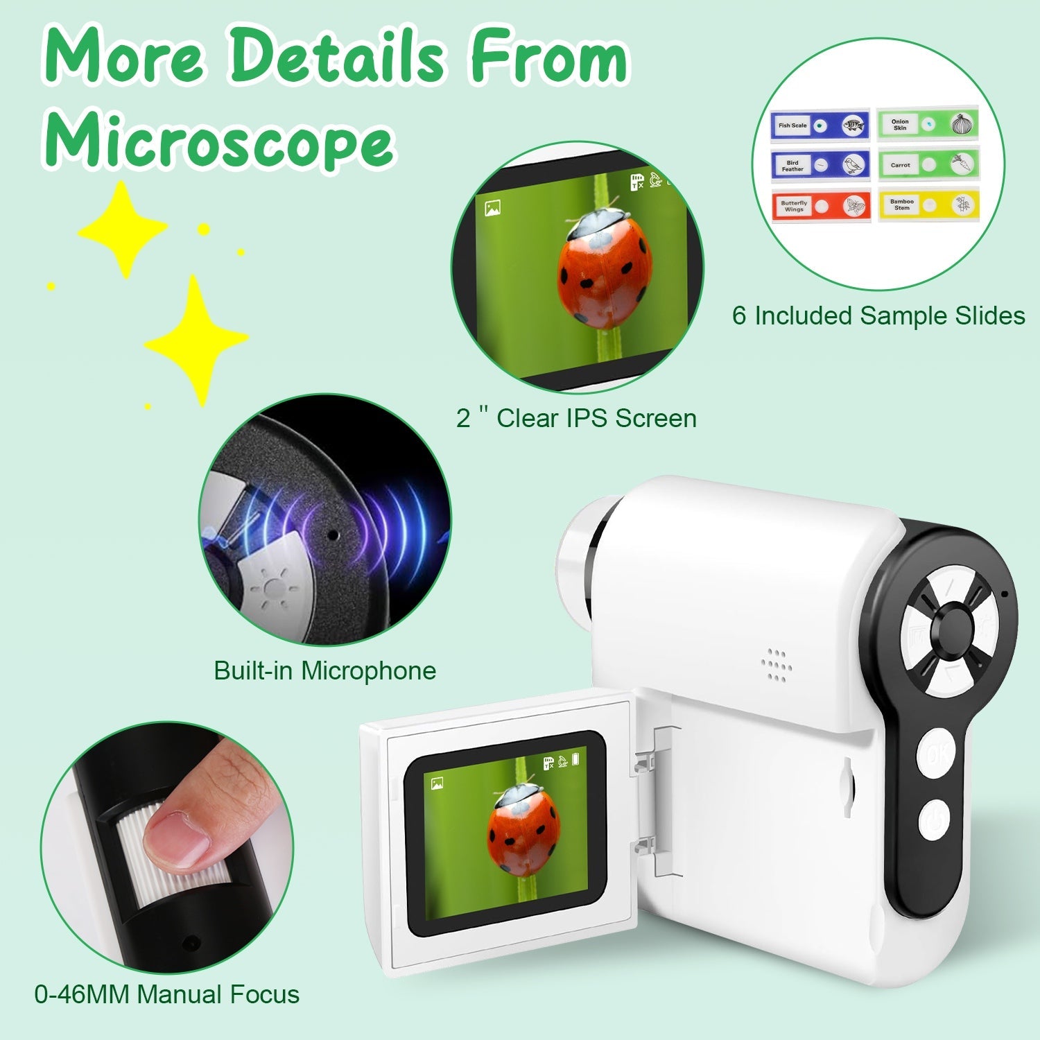 3 In 1 1000X KidsÕ Microscope Telescope Camera Handheld USB Mini Microscope with LED Light 6 Sample Slides 32G MMC Card for Boys Girls Aged 6+ Years O