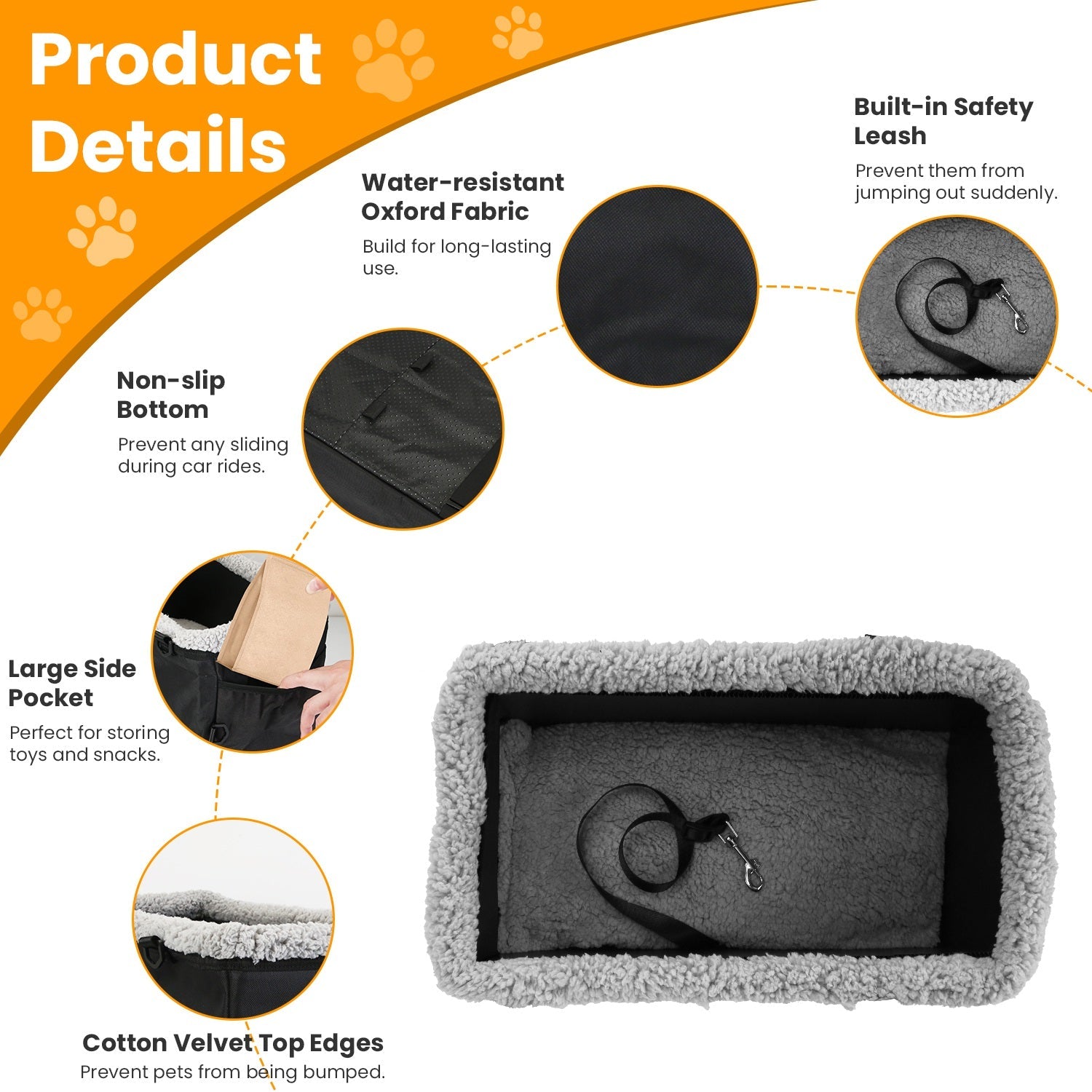 Small Dog Car Seat with Harness Center Console Pet Booster Seat Travel Car Seat with Side Pocket Cotton Velvet Cushion for Dogs Cats Up to 9LBS