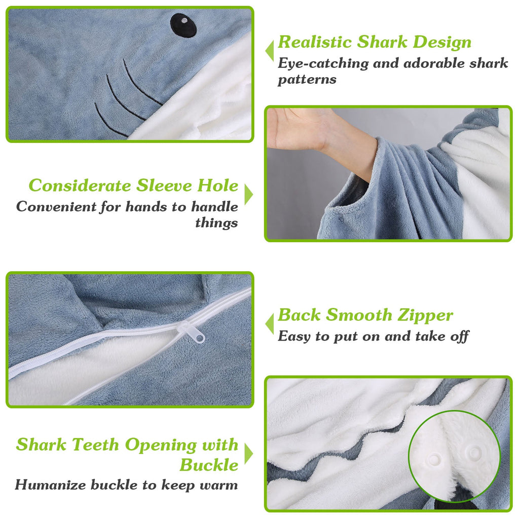 Wearable Shark Sleeping Bag Shark Onesie X-XXL Size Soft Comfortable Flannel Blanket With Zipper Suitable For Adult Children Height 4.2FT to 5.5FT