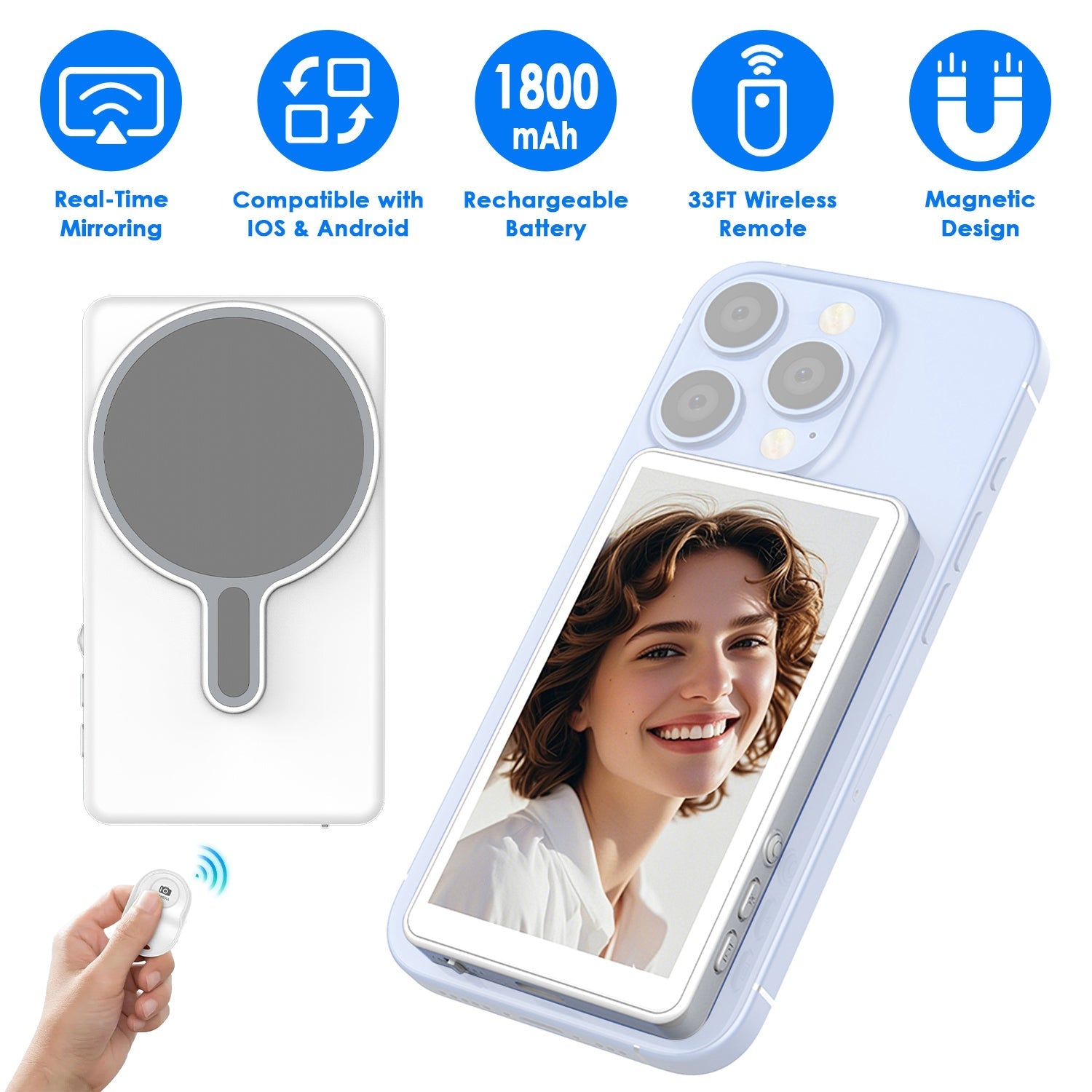 Vlog Selfie Monitor Screen Magnetic Rear Camera Phone Monitor Wireless Selfie Monitor Screen with 33FT Remote for Vlog Live Stream Compatible with IOS