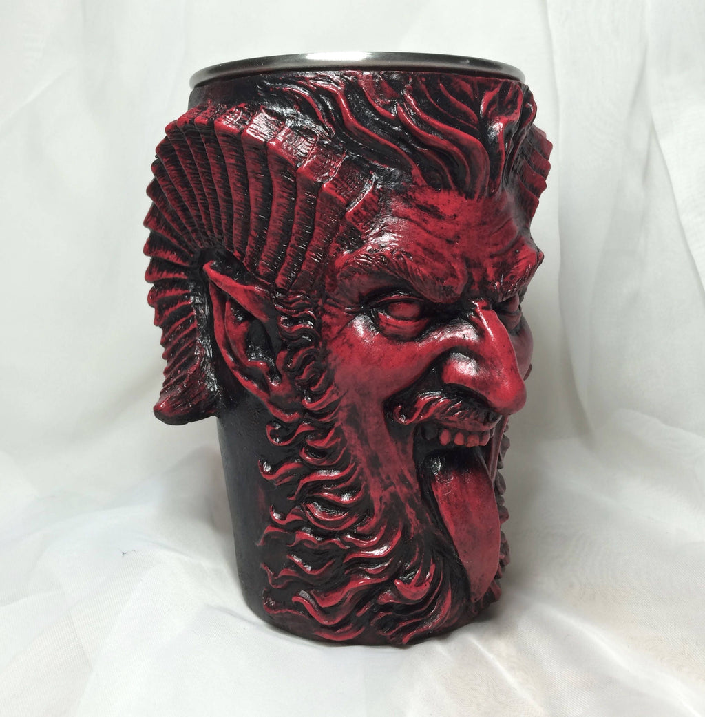 Krampus Mug, Red Finish | Hand Sculpted Resin Art Mug with Steel Liner | Unique Krampus Gift Cup and Gothic Home Decor