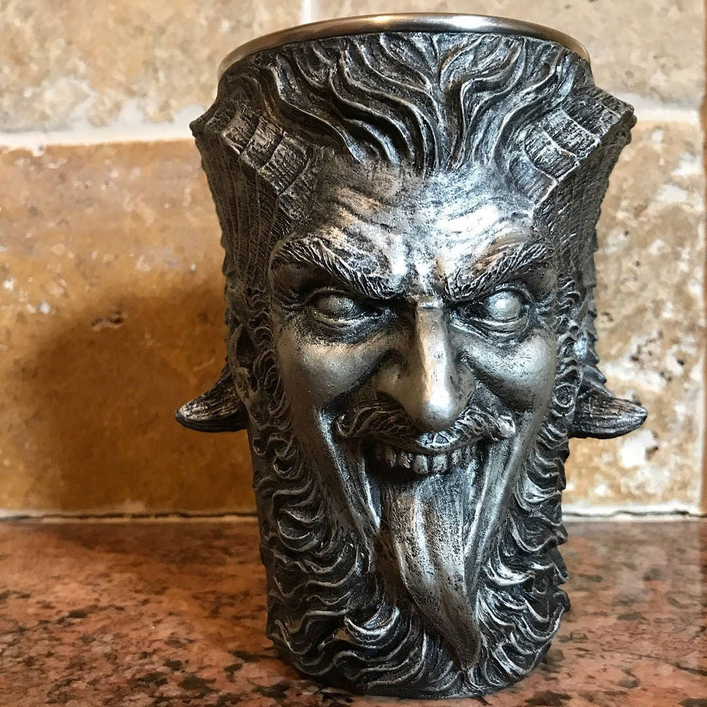 Krampus Mug, Pewter Finish | Hand Sculpted Resin Art Mug with Steel Liner | Unique Krampus Gift Cup and Gothic Home Decor