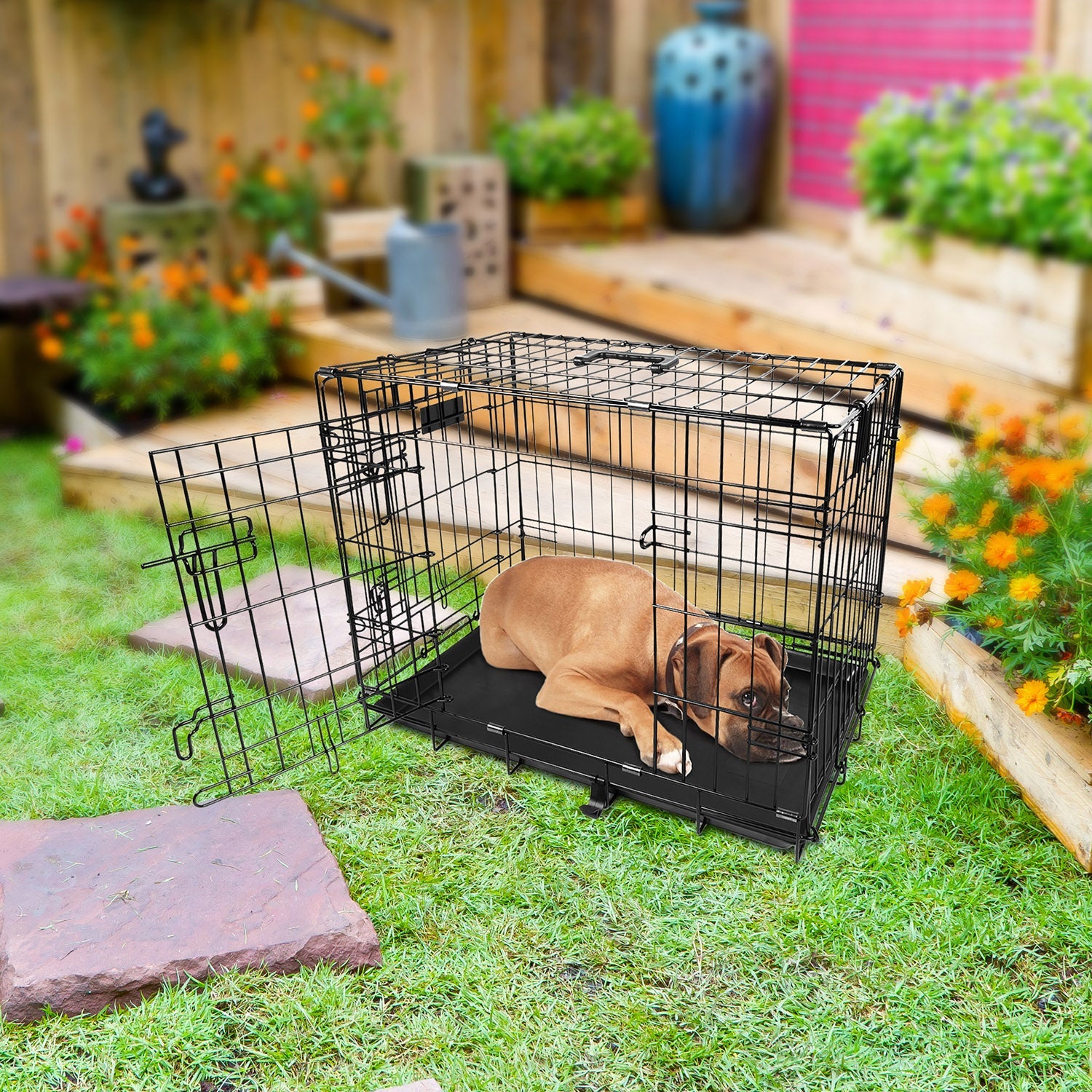 30inches Dogs Crate Folding Metal Pets Crates Double Door Puppy Cage Easy Set Up
