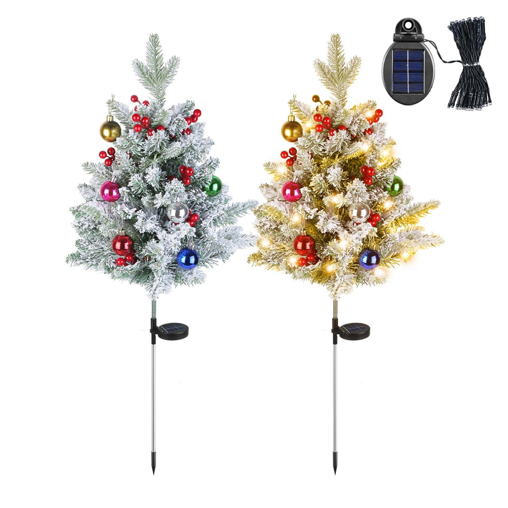 2Pcs Solar Powered Lighted Christmas Tree Urn Filler With Light Artificial Xmas Trees Light with Berries Decor Balls LED Pathway Pine Tree IP44 Waterp