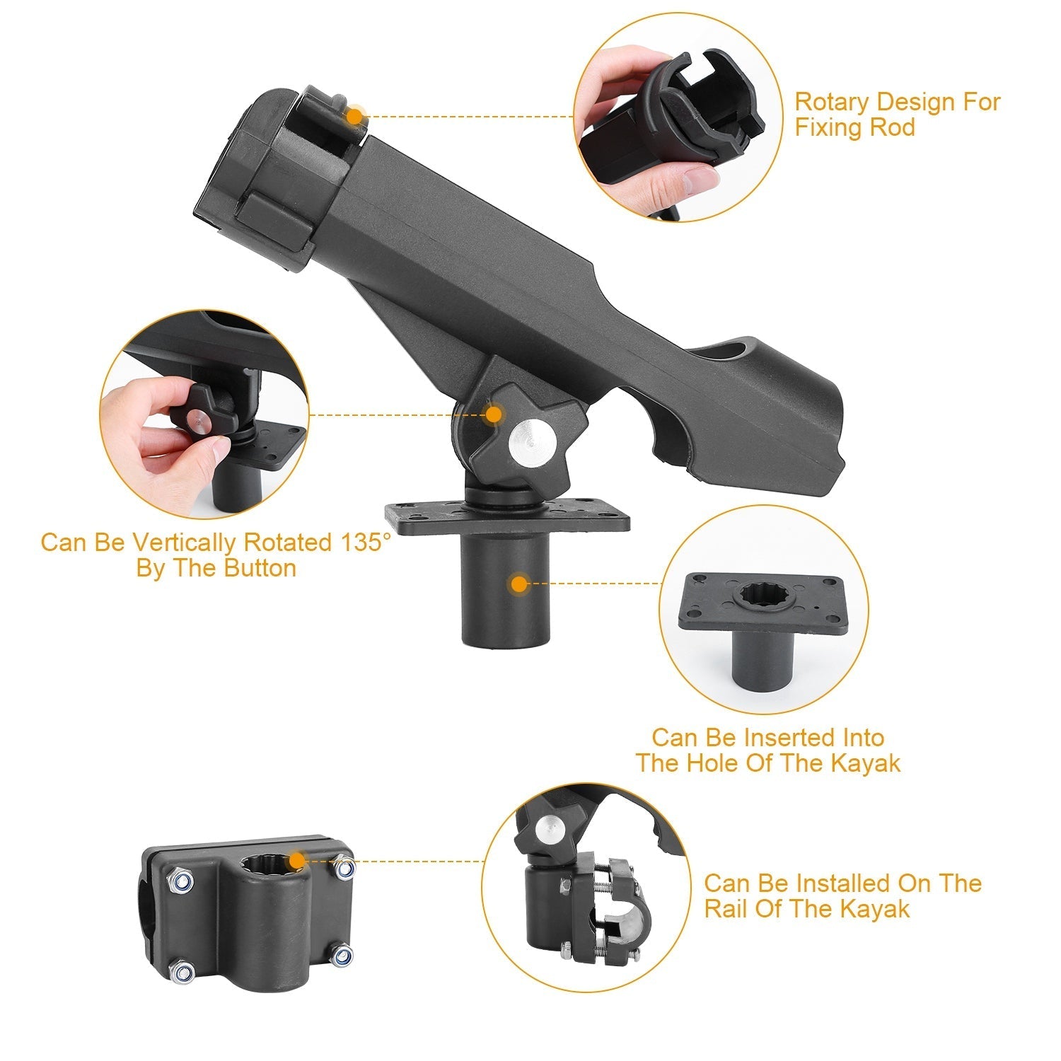 Boat Fishing Pole Rod Holder 360¡ Rotatable Kayak Side Rail Mount Adjustable Folding Rod Holder w/ Large Clamp