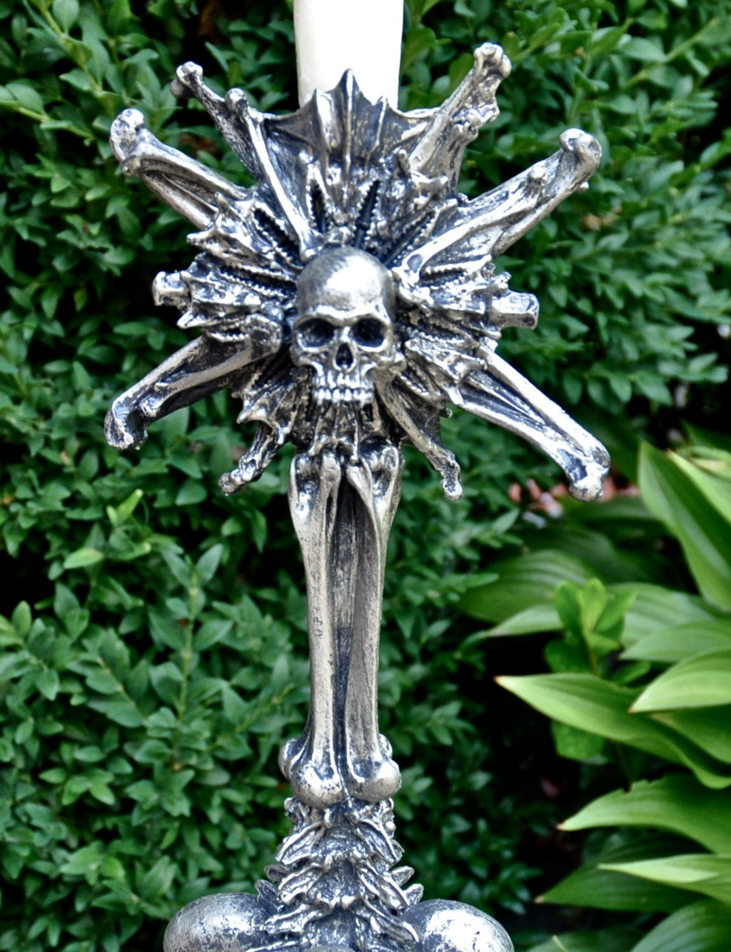 Requiem Monstrance Candlestick Holder, Hand Sculpted Resin | Spooky Gothic Skull and Bones Candle Holder for Halloween Gift and Gothic Decor