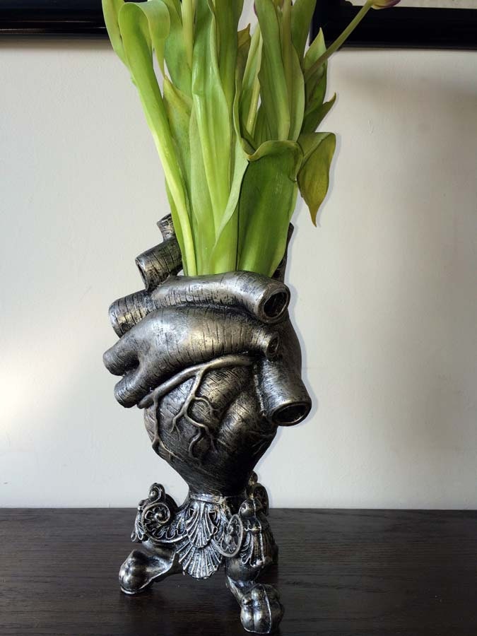 Anatomical Heart Vase, Pewter Finish | Unique Gothic Home Decor | Resin Sculpture Flower Vase, Medical Gift and Gothic Home Decor