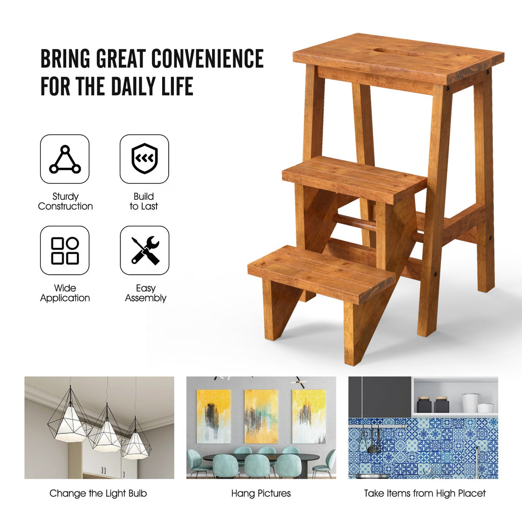 3-in-1 Rubber Wood Step Stool with Convenient Handle-Dark Brown
