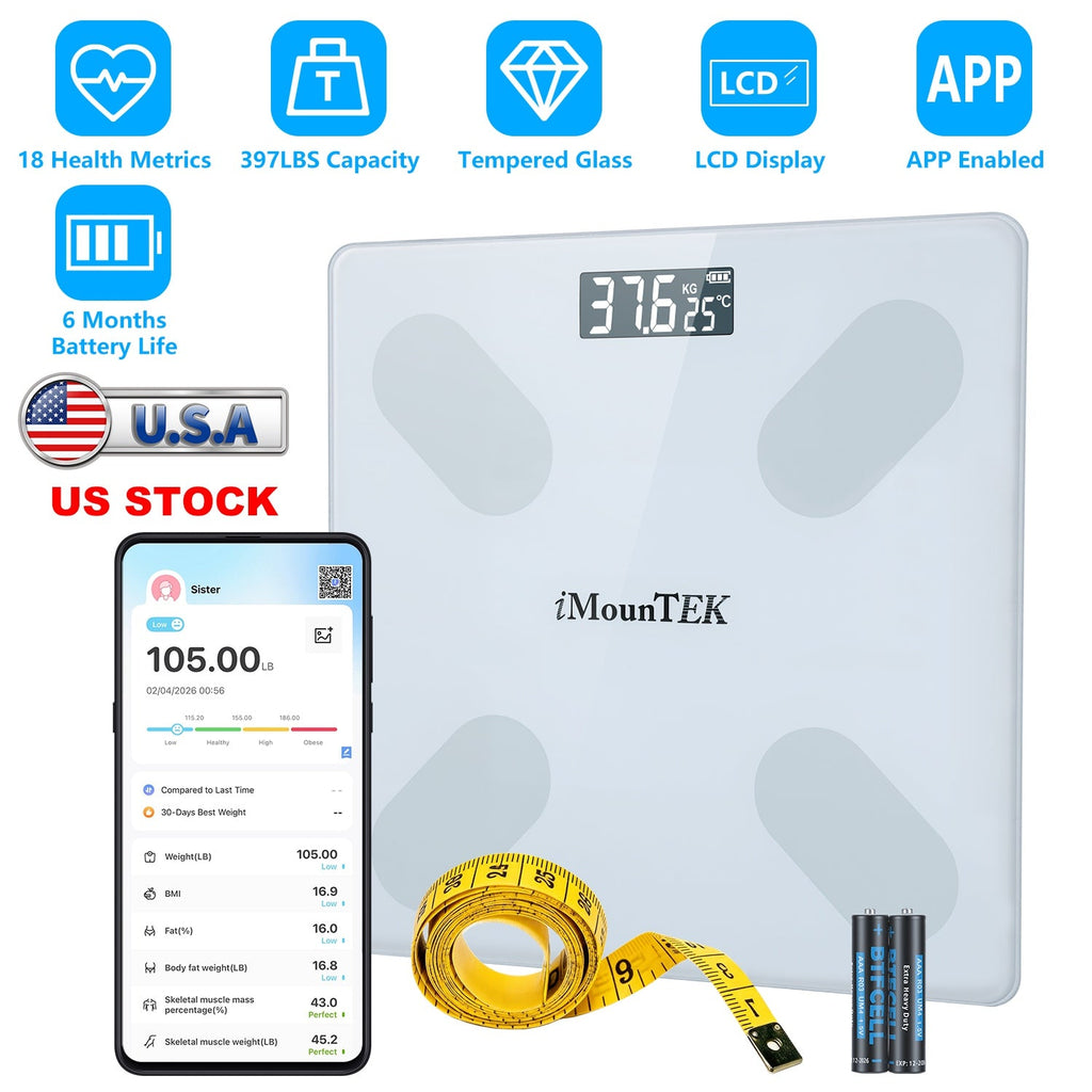 Smart Digital Scale For Body Weight High Accuracy BMI Weight Scale Full Body Composition Analysis Sync with APP 4mm Tempered Glass 397LBS Capacity LCD