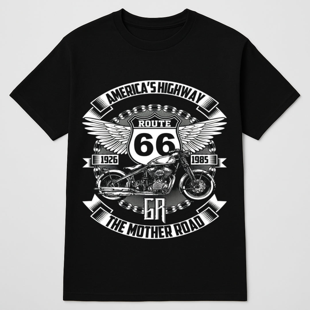Black t-shirt with Route 66 graphic design on a white background