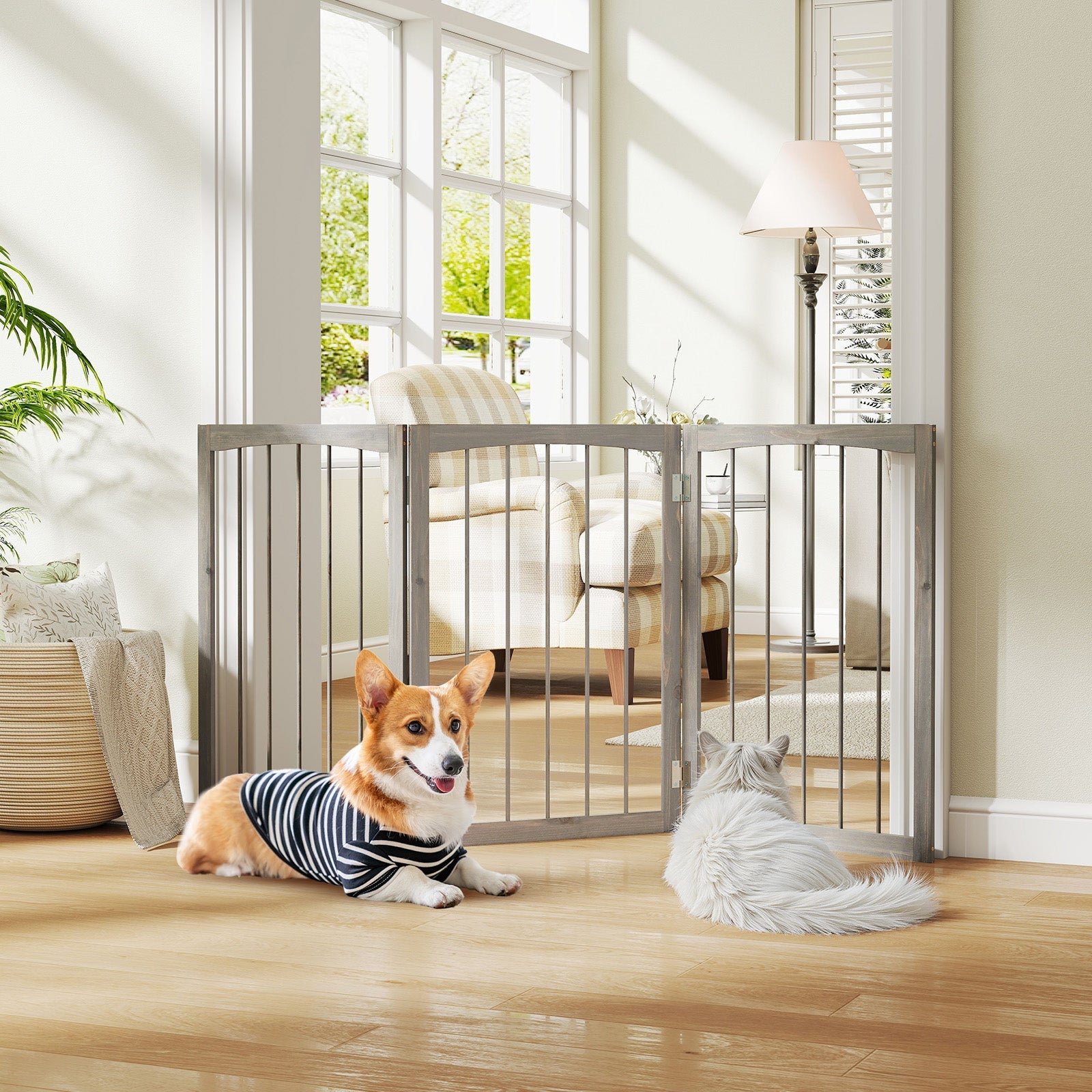 30 Inch Tall Wooden Pet Fence for Cats Small and Medium Dogs-Gray