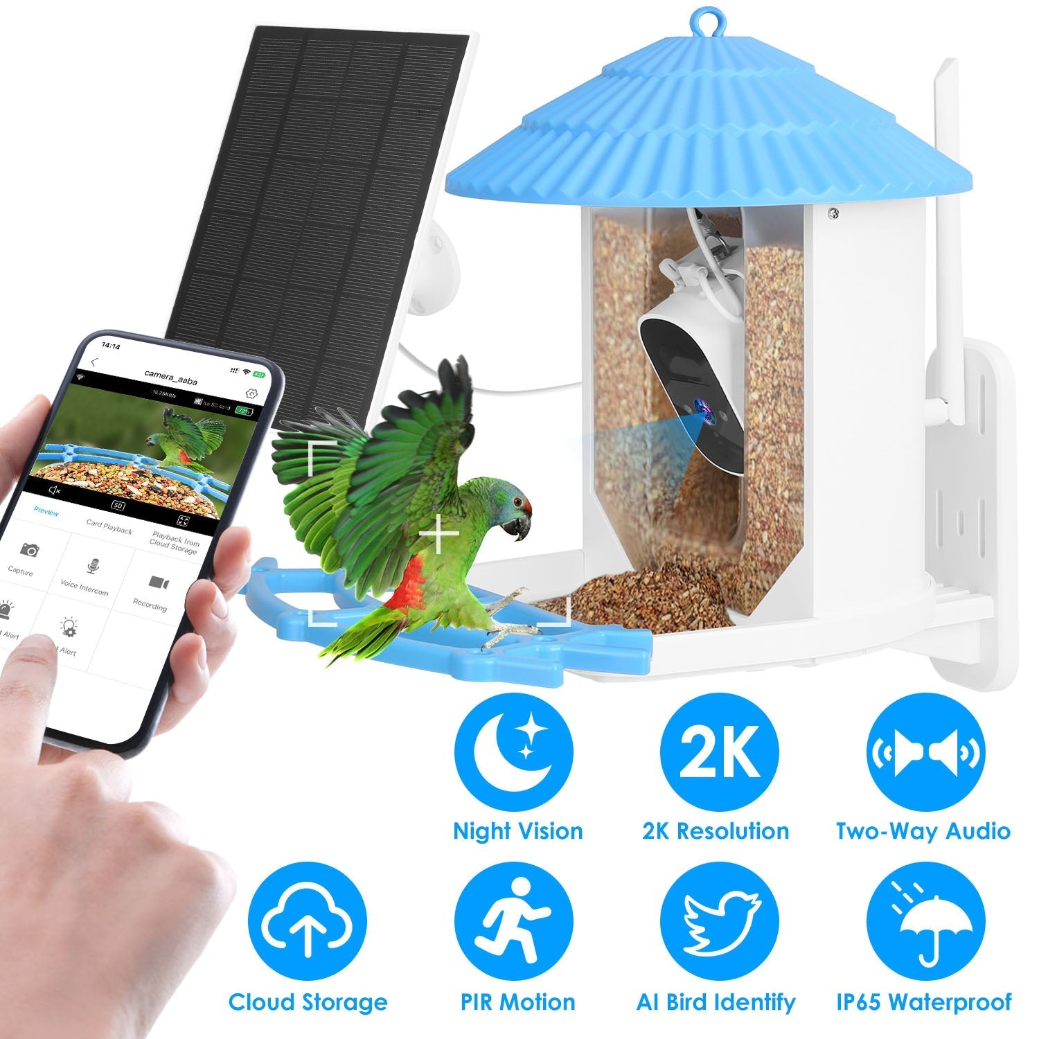 Solar Powered Smart Bird Feeder 2K Bird Watching Camera With PIR Motion AI Birds Species Identify Two-Way Audio Real-Time App Notification Capture Vid