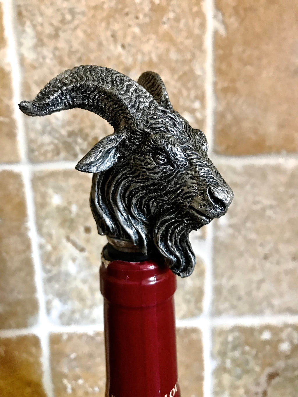 Goat Head Wine Stopper - Hand Painted Resin Sculpture, Gothic Decor, Mythical Goat Bottle Stopper, Fantasy Gothic Wine and Barware Gift